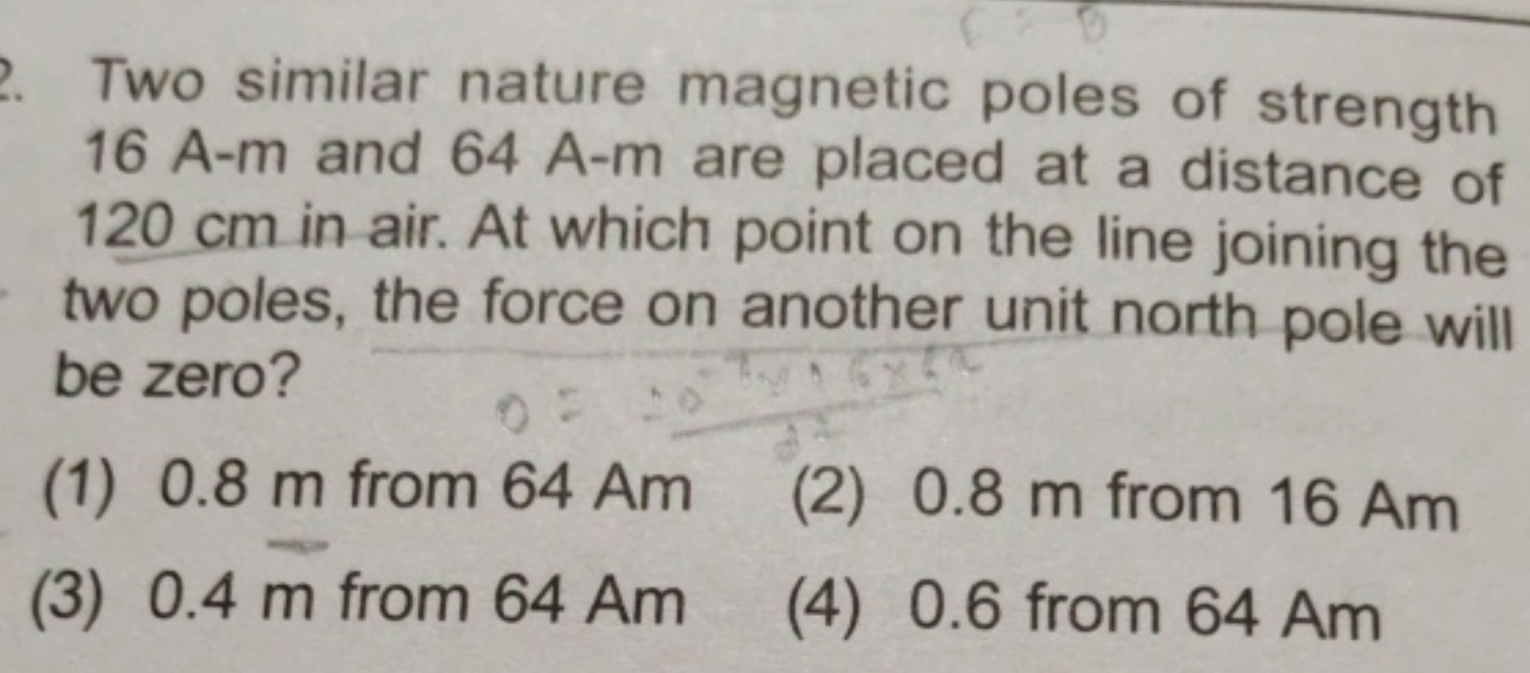 Two similar nature magnetic poles of strength 16 A−m and 64 A−m are pl