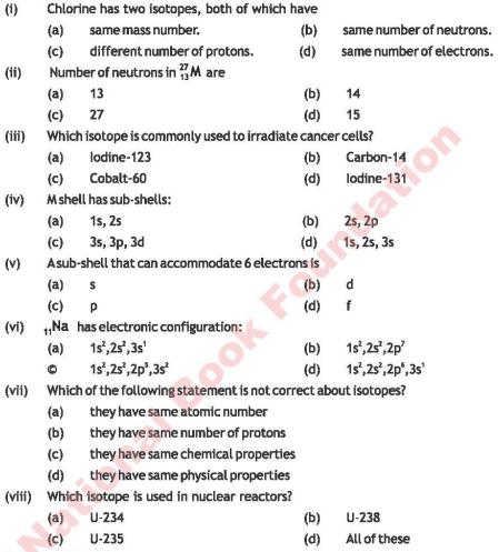 (i) Chlorine has two isotopes, both of which have
(a) same mass number