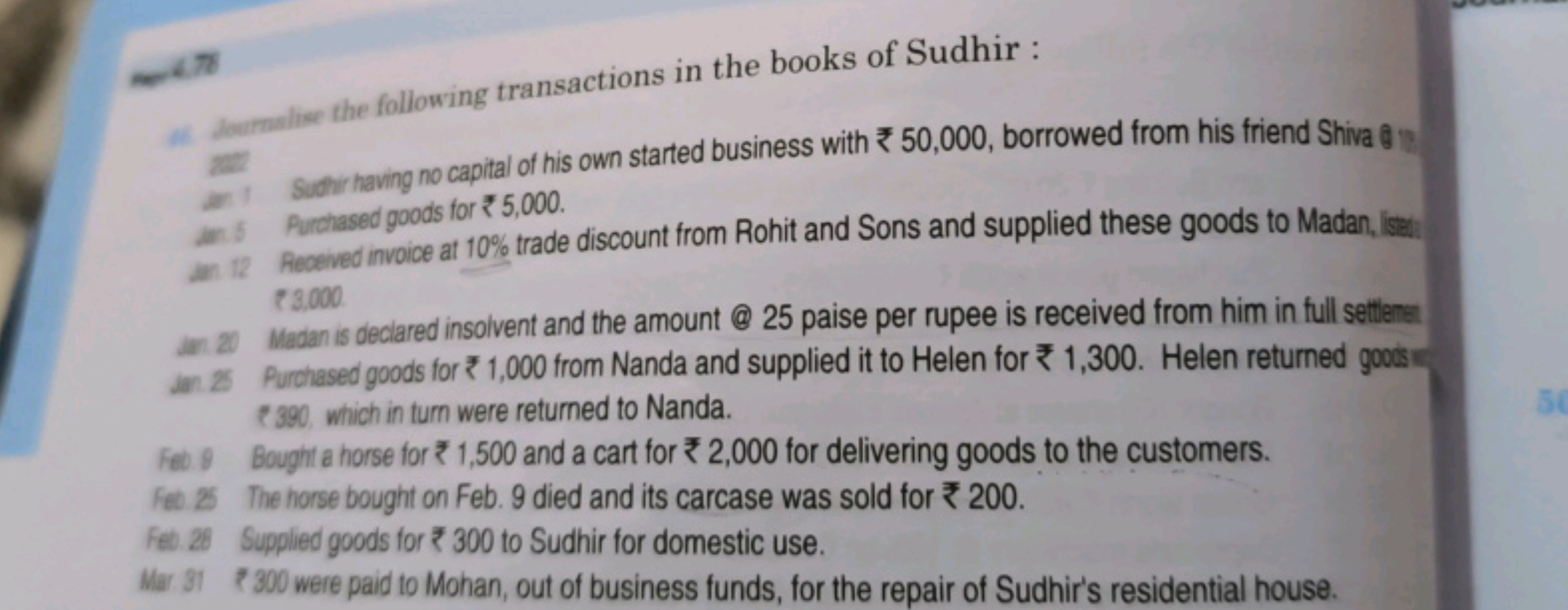 π
the following transactions in the books of Sudhir :
Clam lise the fo