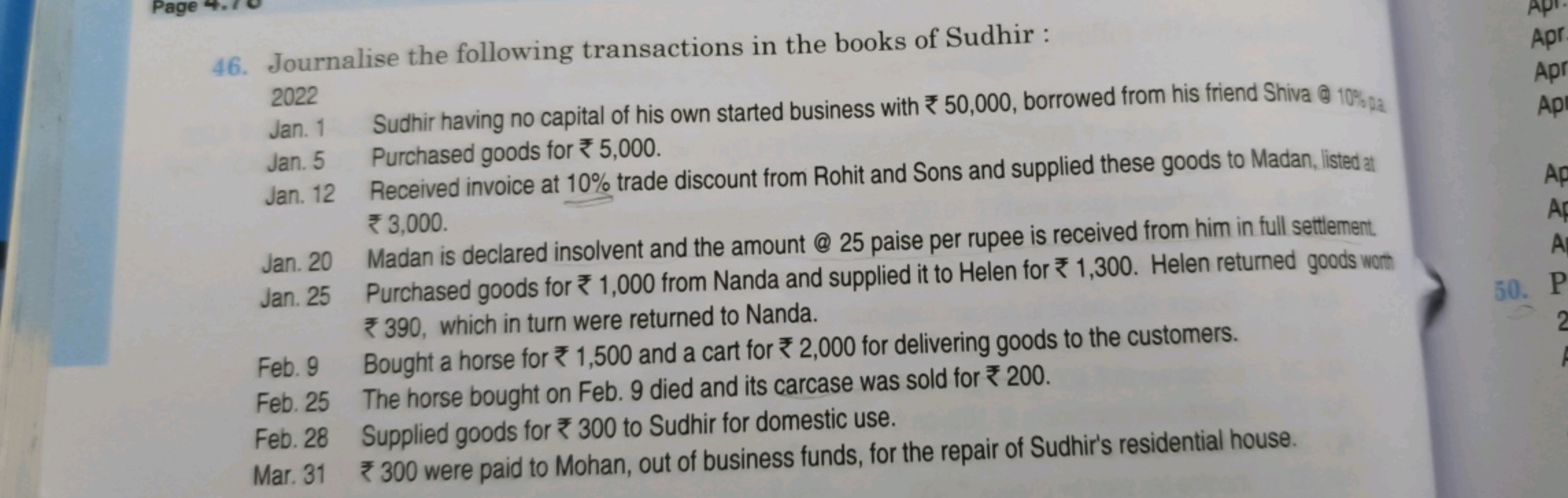 46. Journalise the following transactions in the books of Sudhir :

Ja