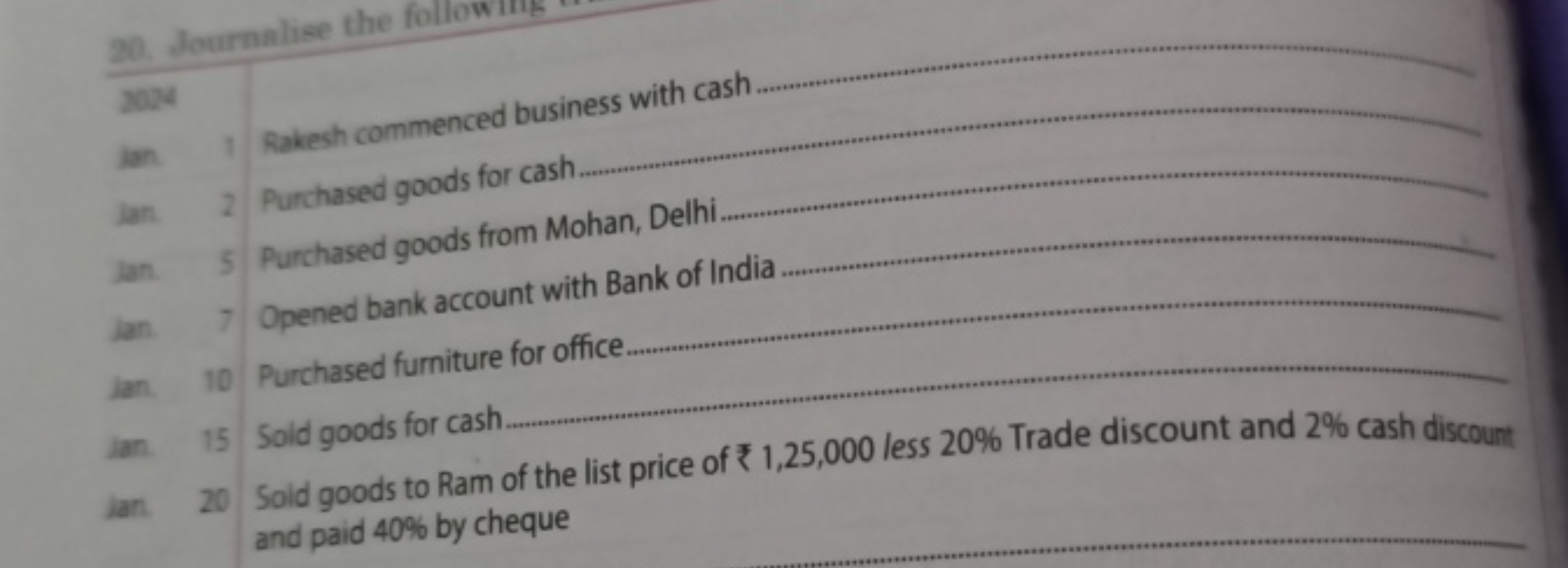 Rakesh commenced business with cash 
2 Purchased goods for cash. 
5 Pu