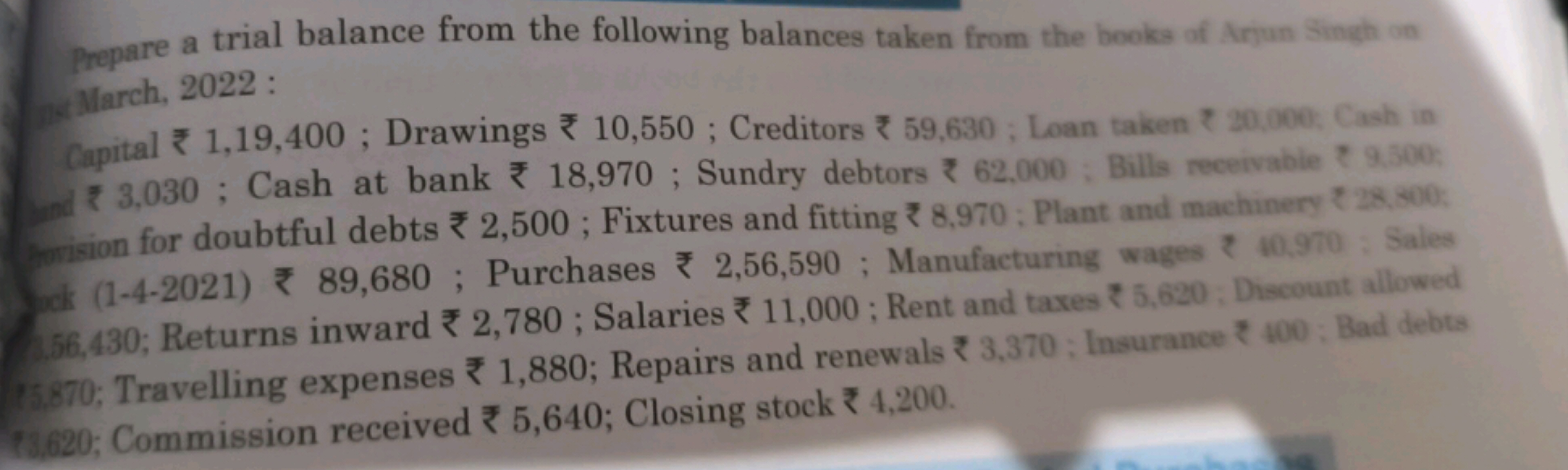 Prepare a trial balance from the following balances taken from the boo