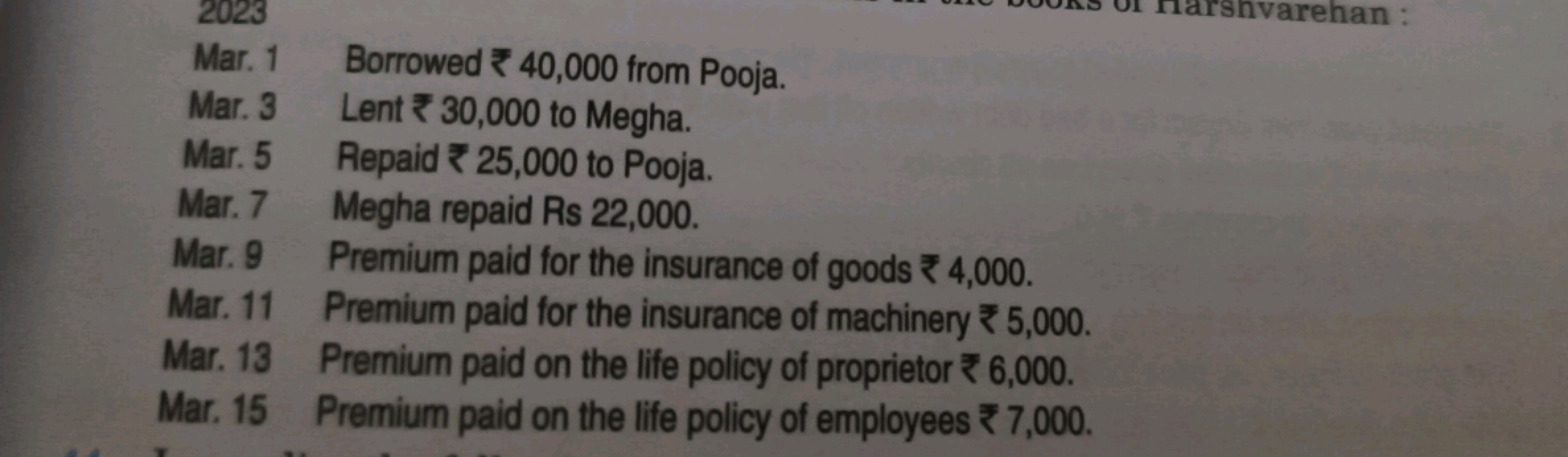 2023
Mar. 1
Borrowed 40,000 from Pooja.
Mar. 3
Lent 30,000 to Megha.
M