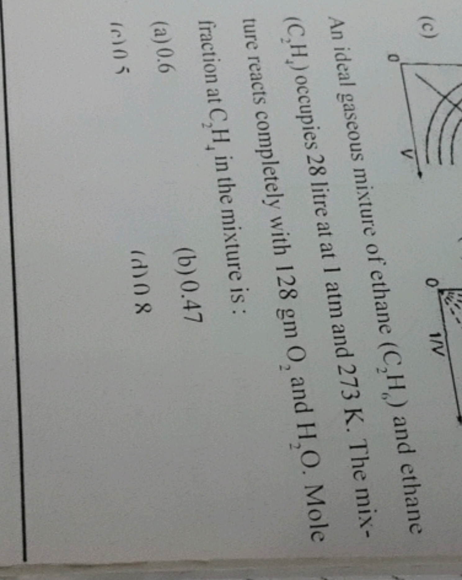 (c)
I/V
An ideal gaseous mixture of ethane (C2​H6​) and ethane (C2​H4​