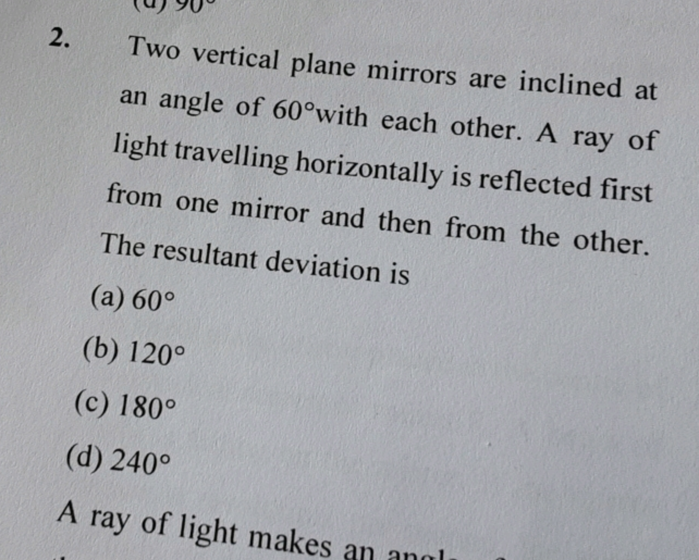 2. Two vertical plane mirrors are inclined at an angle of 60∘ with eac