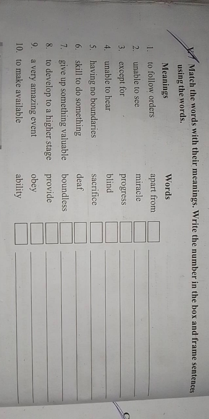 1. Match the words with their meanings. Write the number in the box an