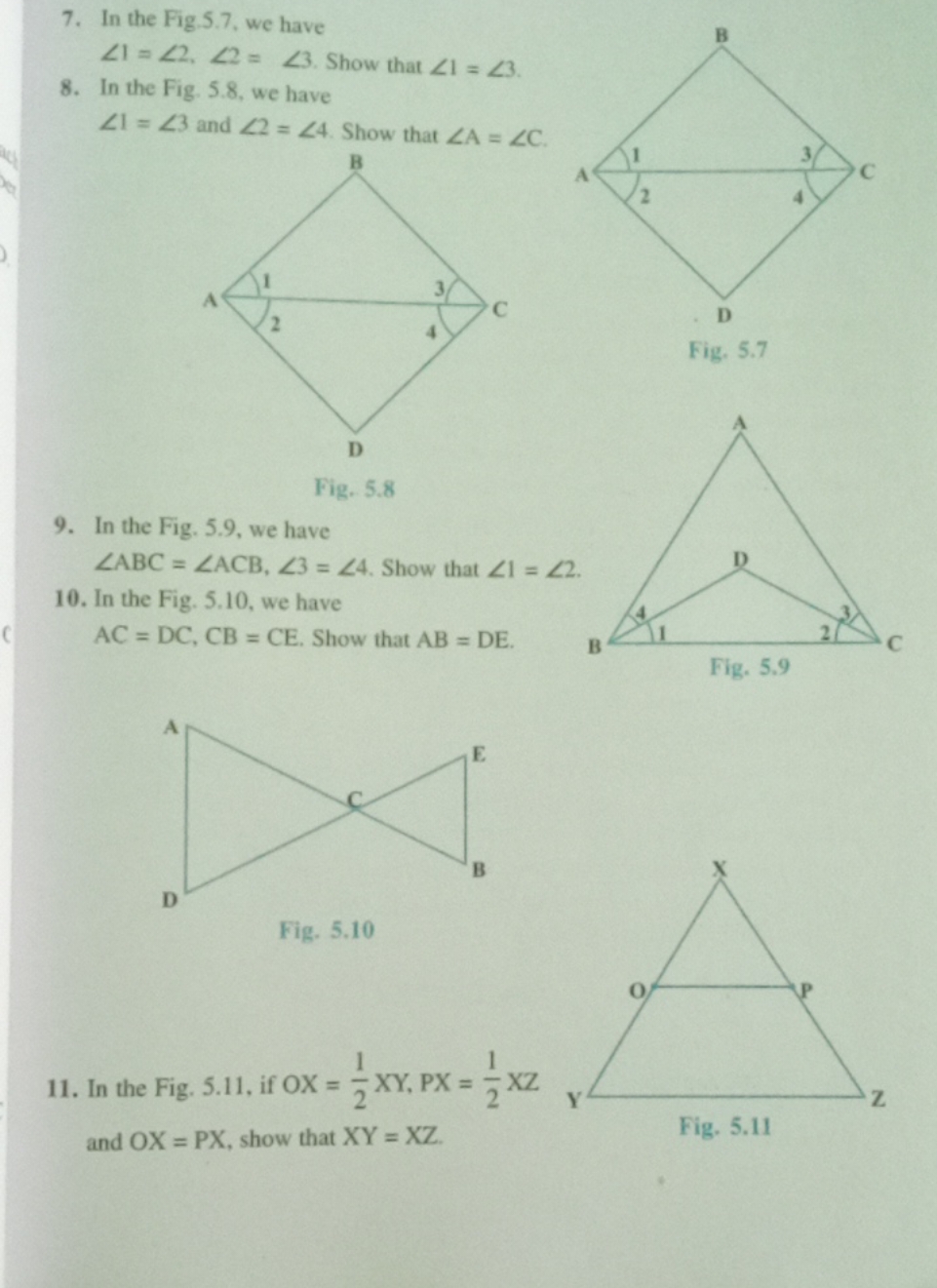 7. In the Fig.5.7, we have ∠1=∠2,∠2=∠3. Show that ∠1=∠3.
8. In the Fig