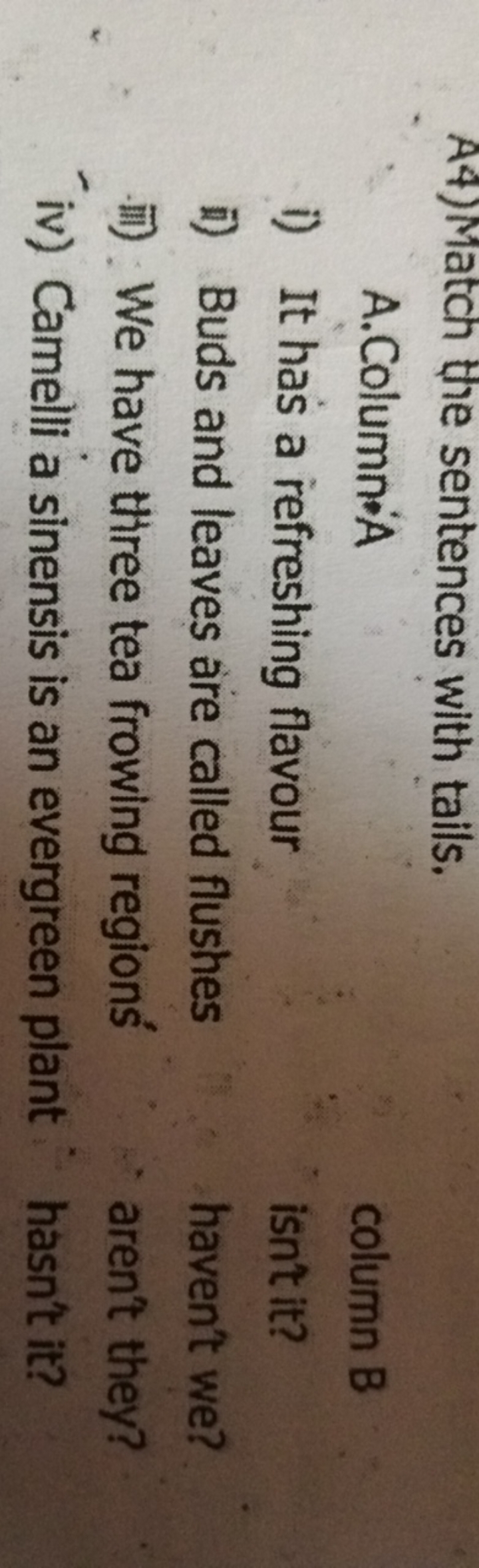 A4) Match the sentences with tails.
A. Column: A
column B
i) It has a 