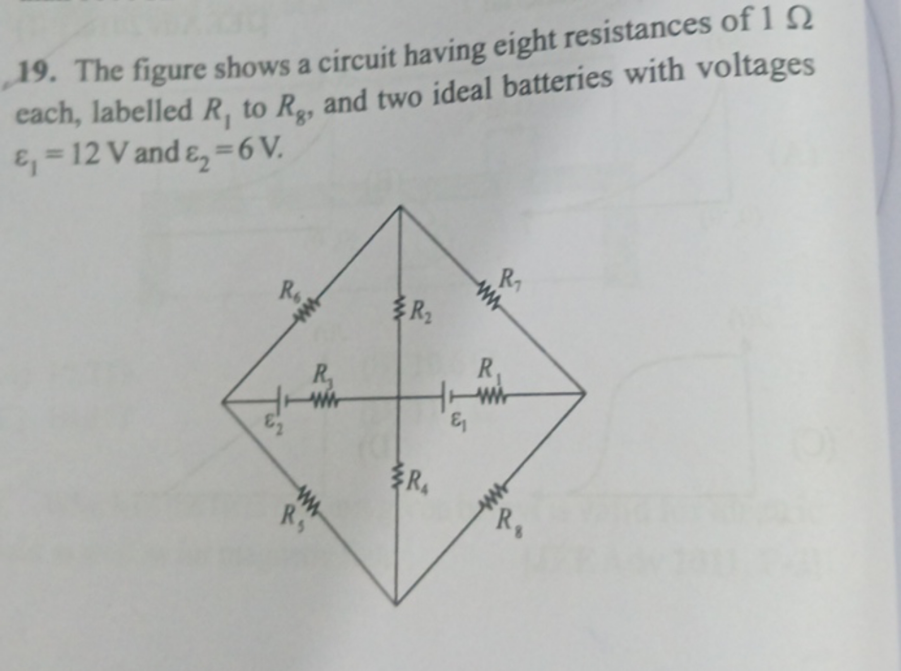 19. The figure shows a circuit having eight resistances of 1Ω each, la