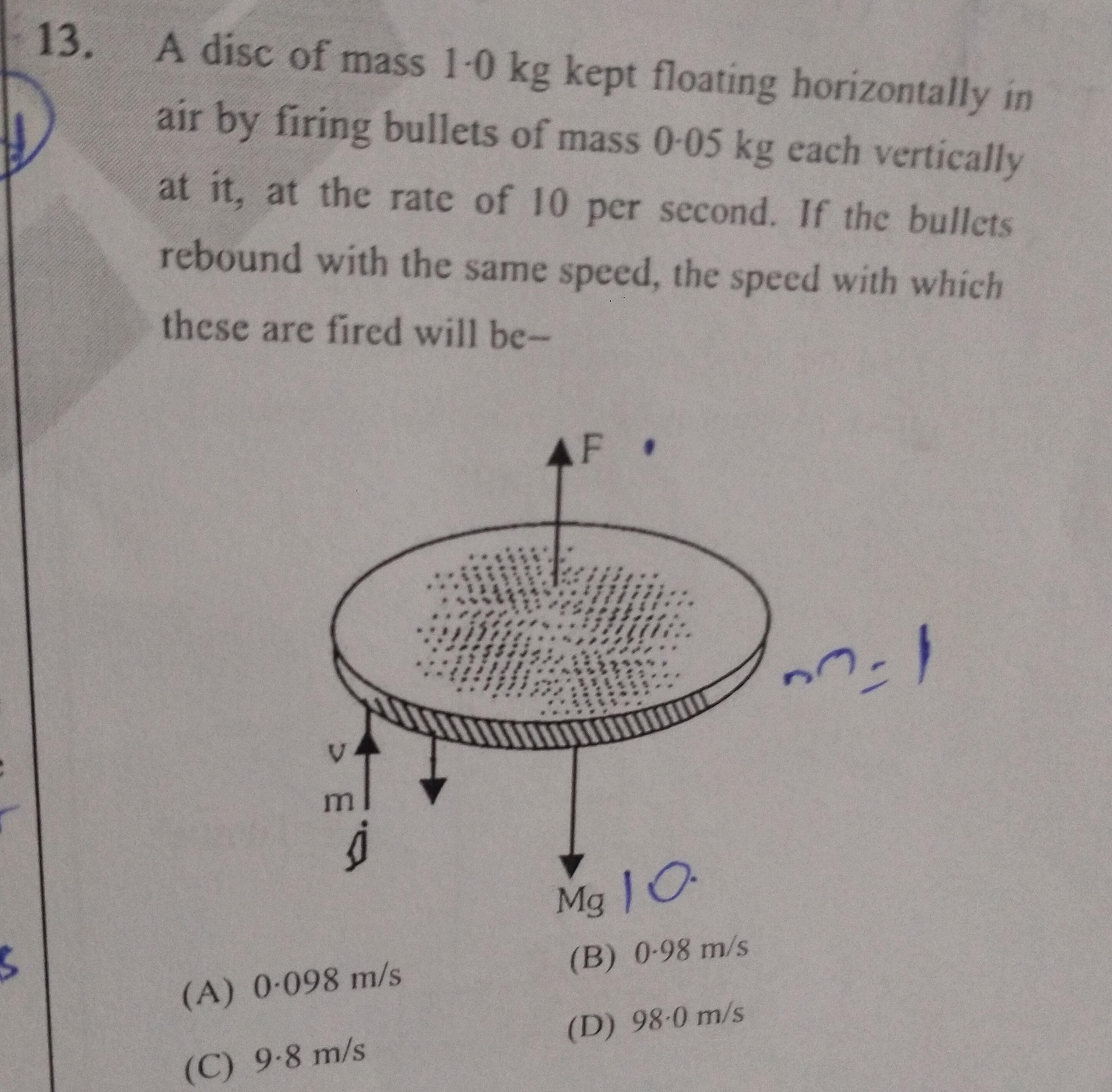 13. A disc of mass 1-0 kg kept floating horizontally in
air by firing 