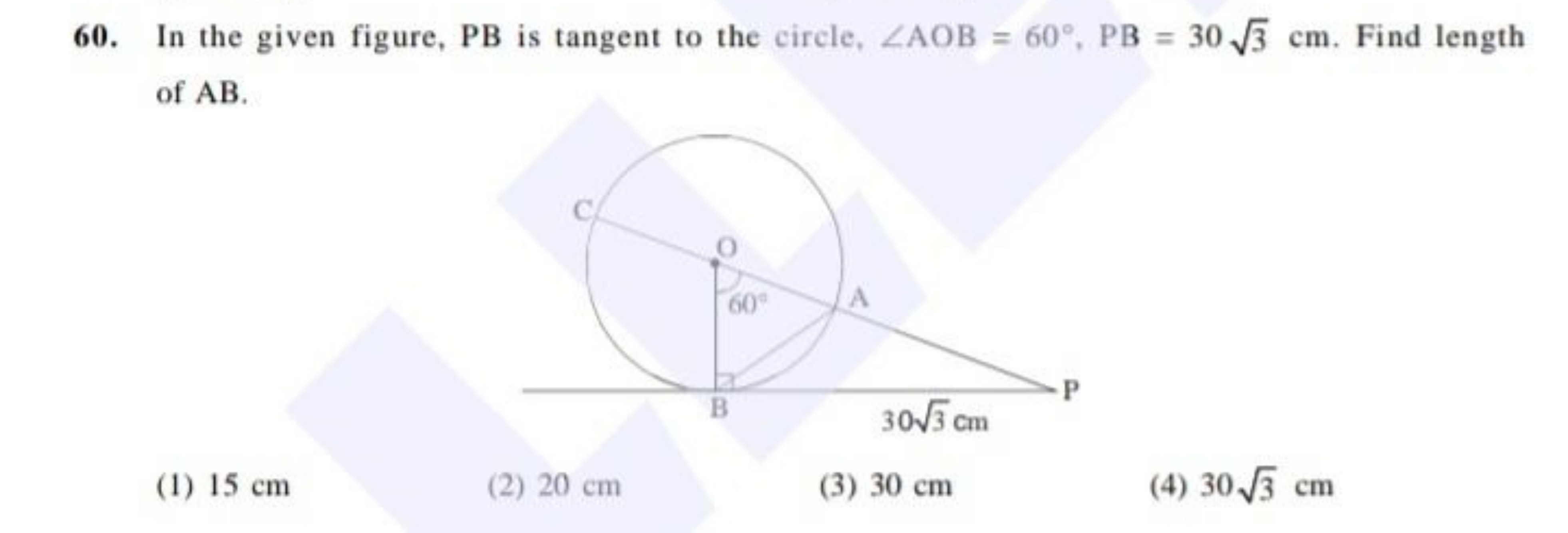 60. In the given figure, PB is tangent to the circle, ∠AOB=60∘,PB=303​