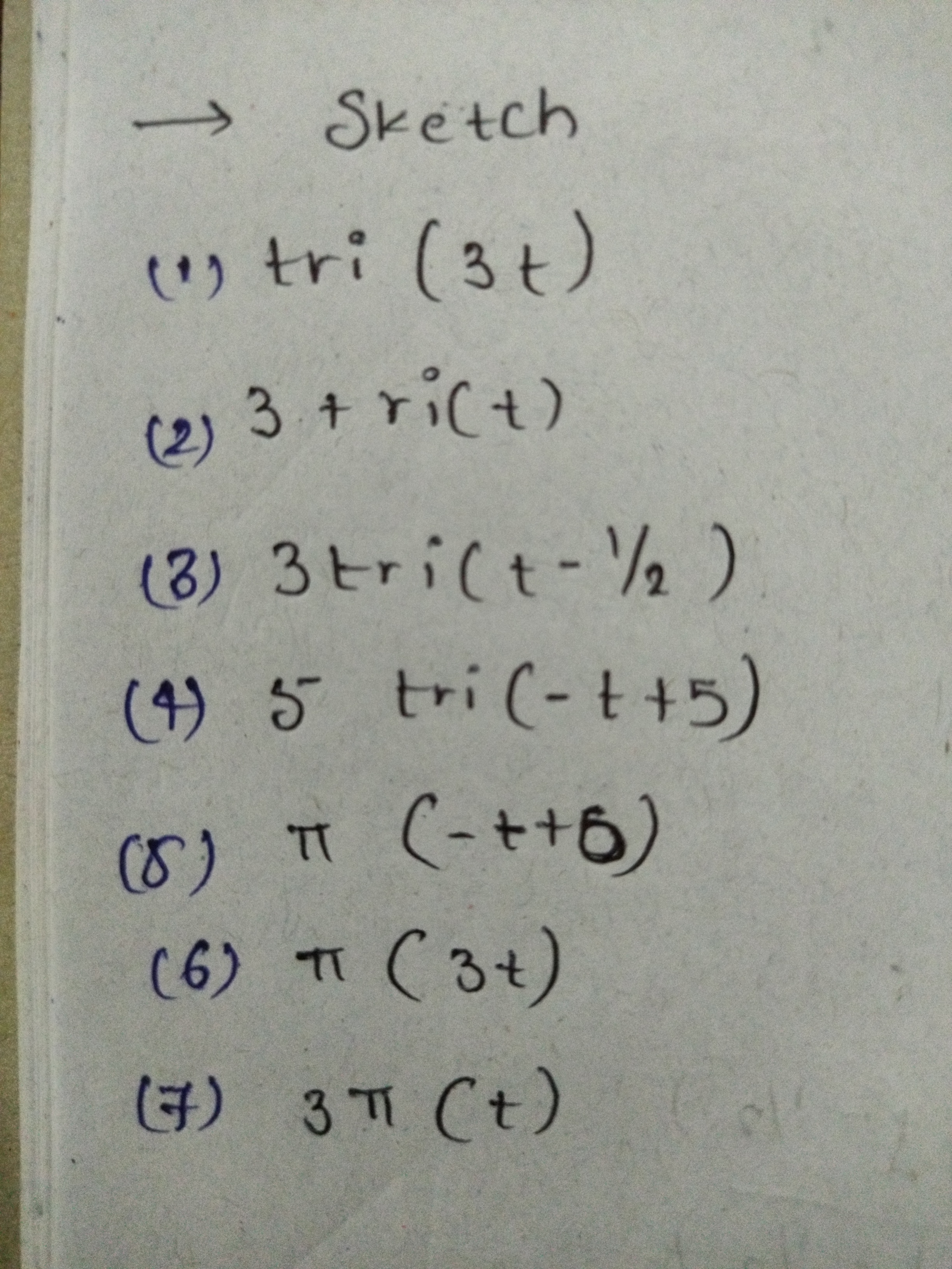 →Sketch
(1) tri (3+)
(2) 3 + ri(+)
(3) 3tri(t.
(4) 5 tri (- t +5
(8) π