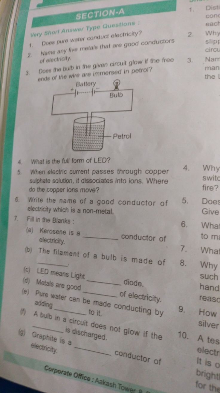 SECTION-A
Very Short Answer Type Questions :
1. Does pure water conduc