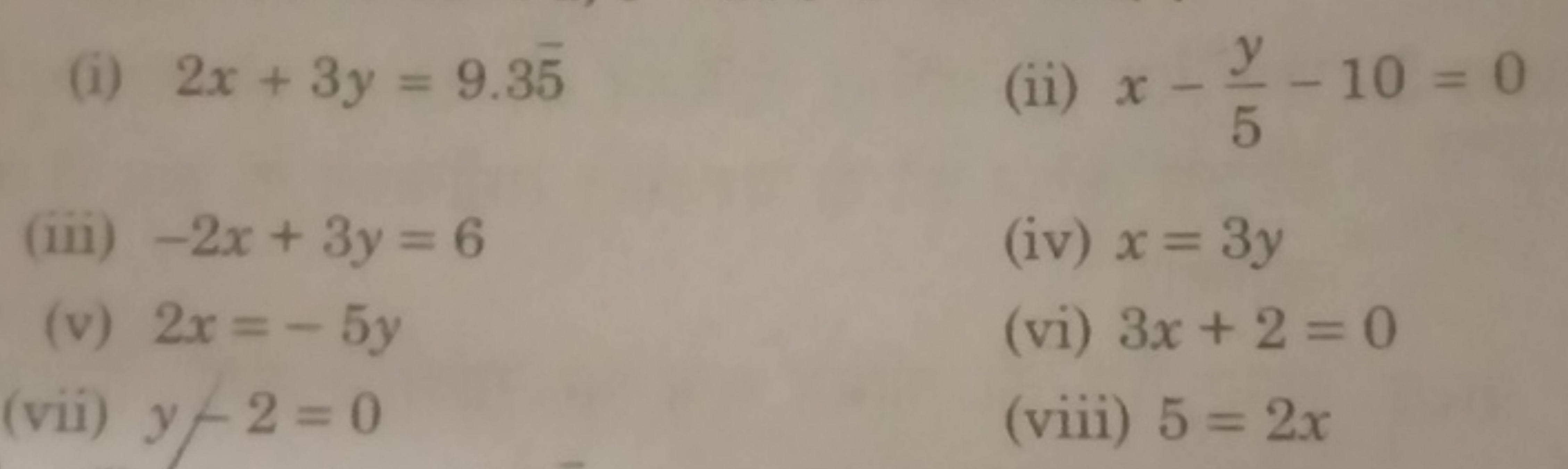 (i) 2x+3y=9.35
(ii) x−5y​−10=0
(iii) −2x+3y=6
(iv) x=3y
(v) 2x=−5y
(vi