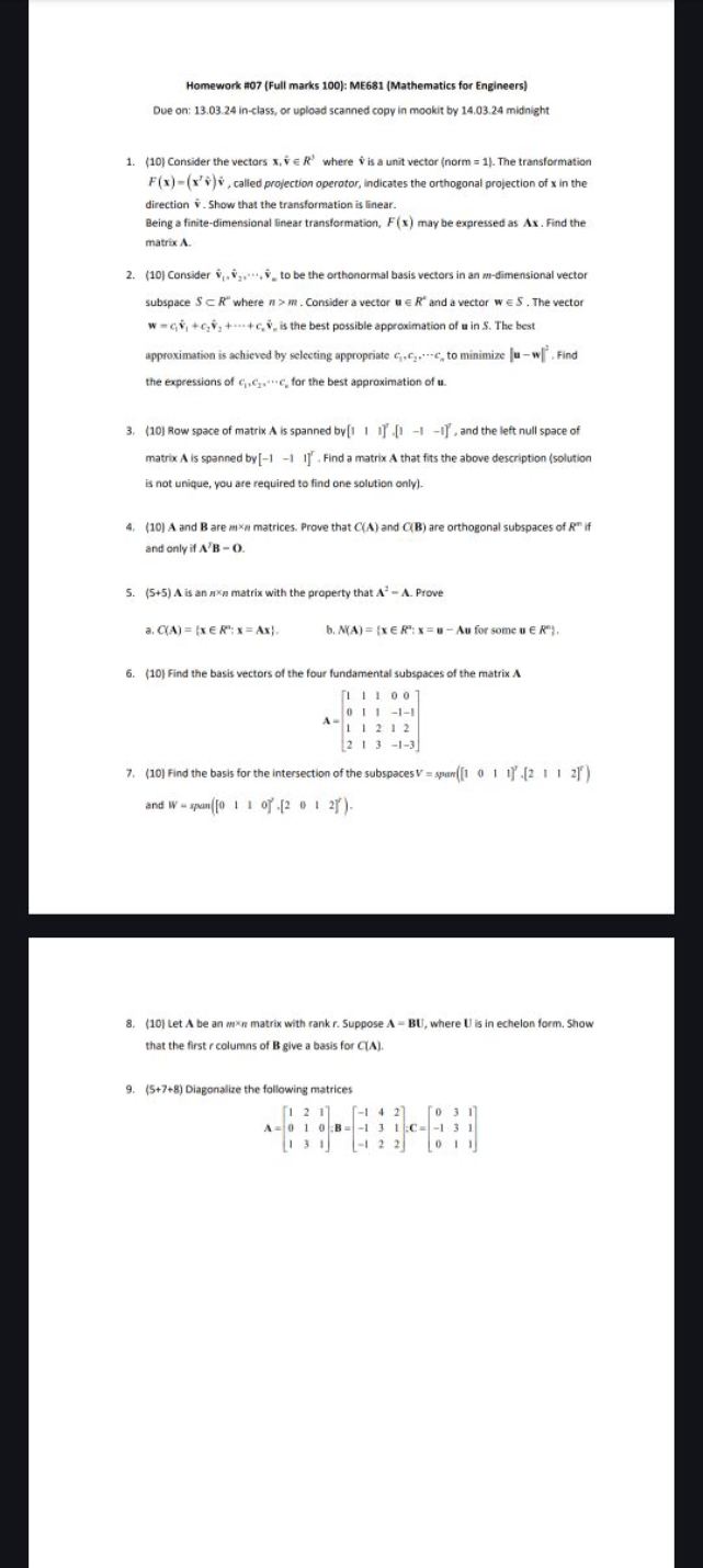 Homework \#07 (Full marks 100): ME681 (Mathematics for Engineers)
Due 