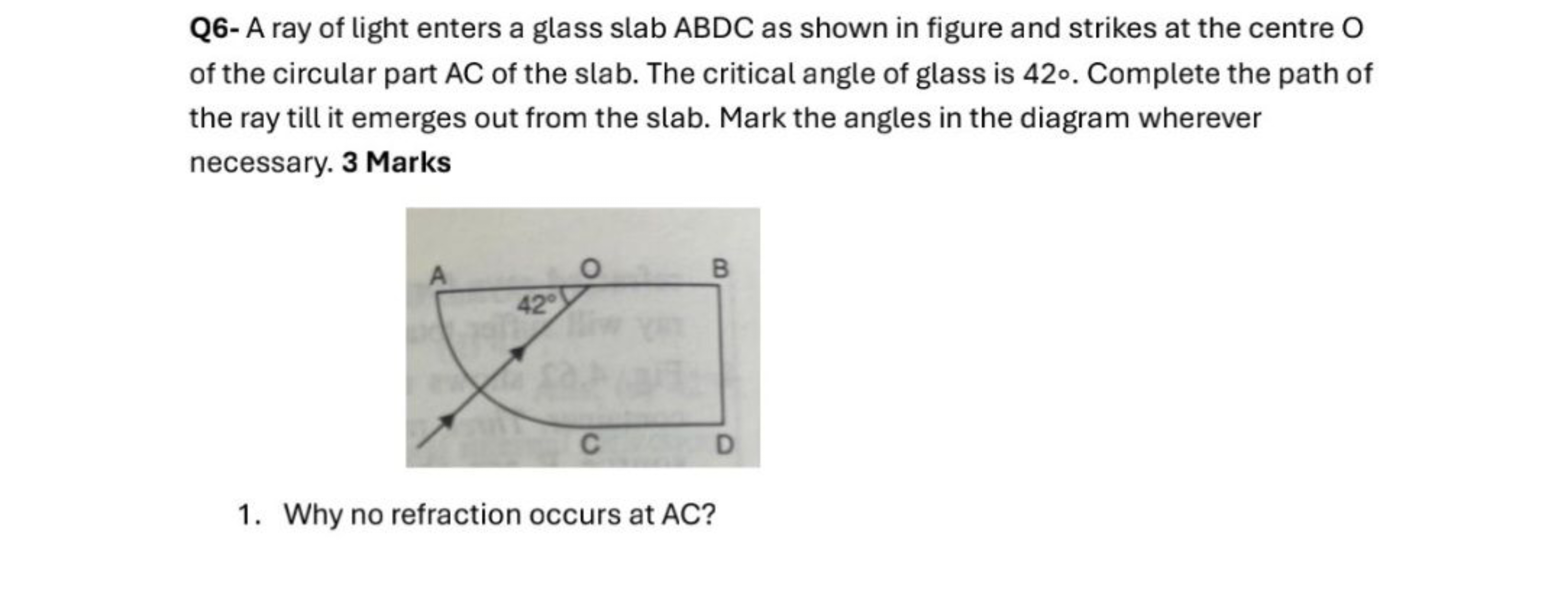 Q6- A ray of light enters a glass slab ABDC as shown in figure and str