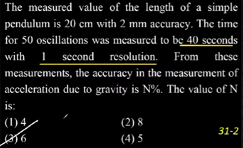 The measured value of the length of a simple pendulum is 20 cm with 2 