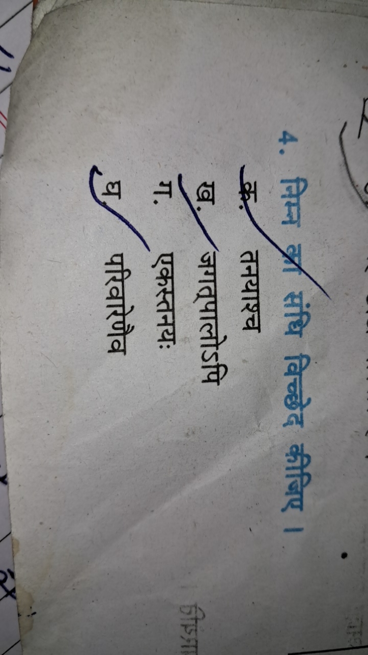 4. निम्न वृ संधि विच्छेद कीजिए । क. तनयाश्च
ख. जगत्पालोऽपि
ग. एकस्तनयः