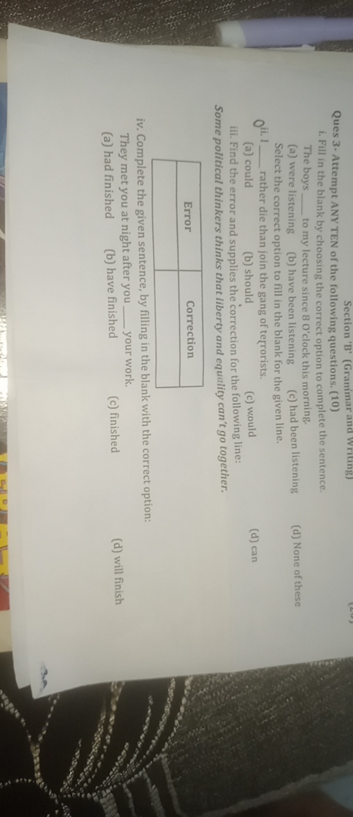 Section 'B' (Grammar and Writing)
Ques 3- Attempt ANY TEN of the follo