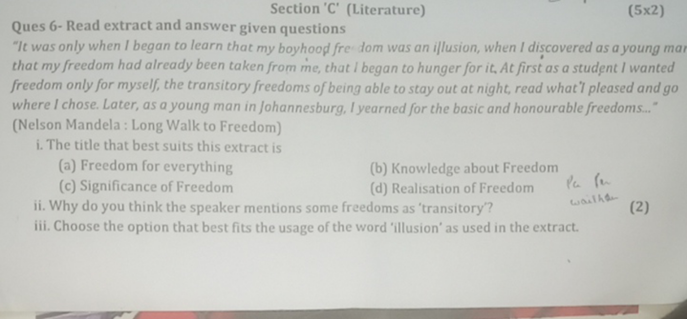 Section 'C' (Literature)
Ques 6- Read extract and answer given questio