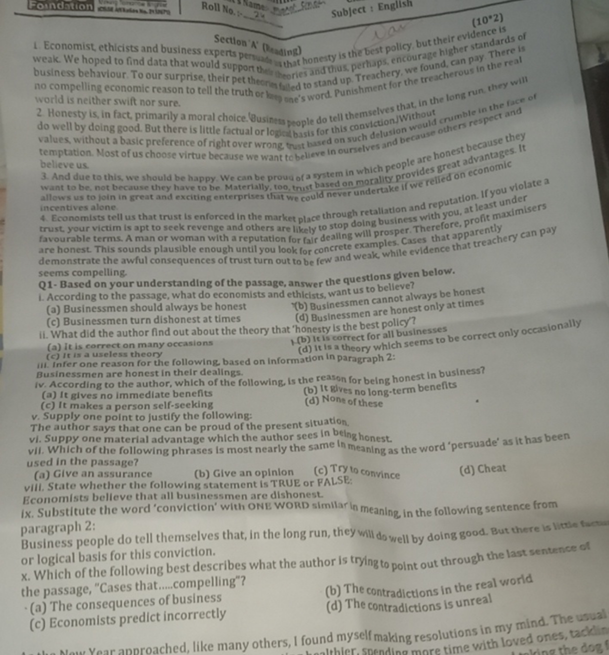 Section 'A' (Deading)
Subject: English
Roll No. Name
Roll No. Name
Sub