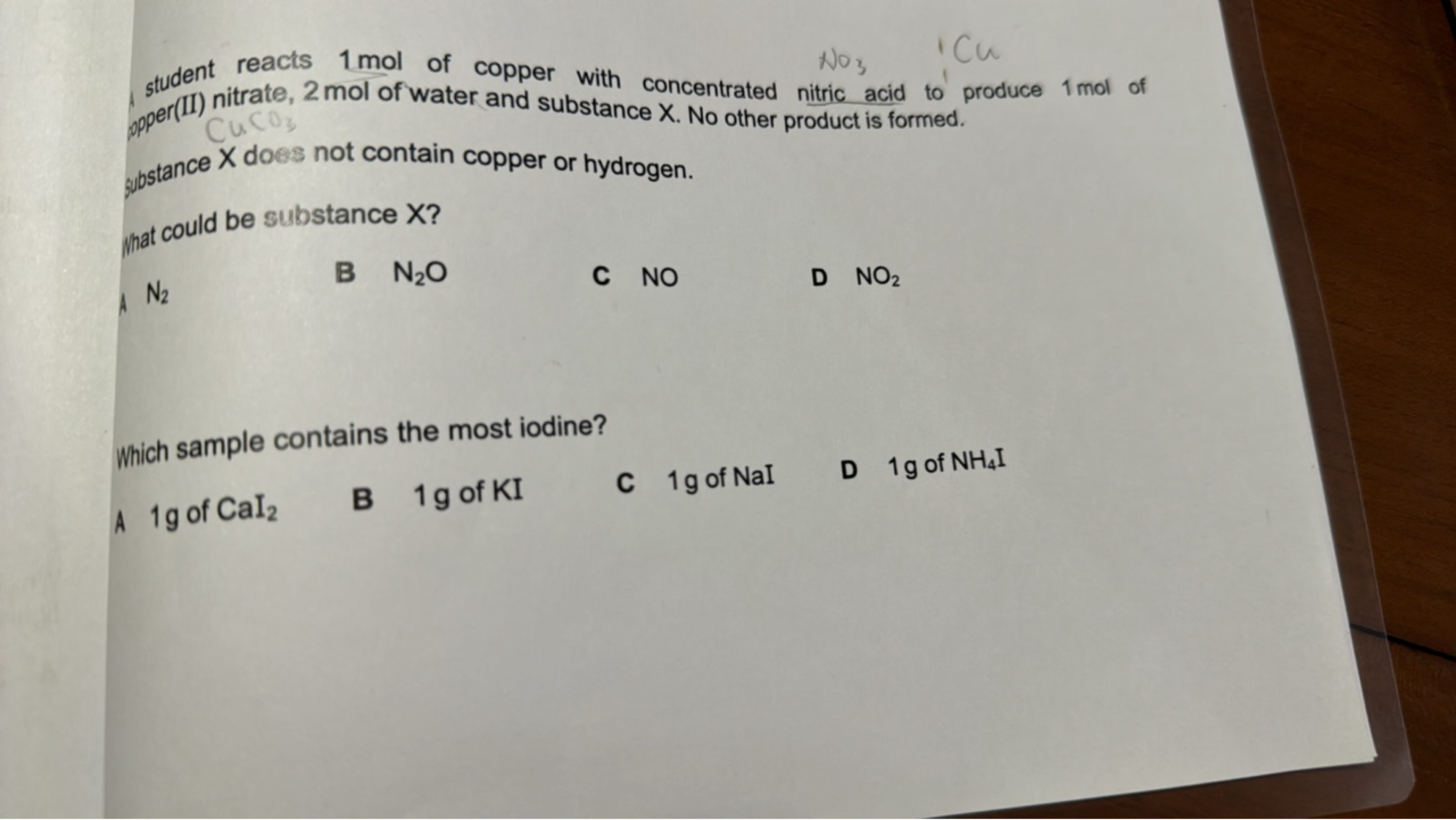 student reacts 1 mol of copper with concentrated nitric acid to produc