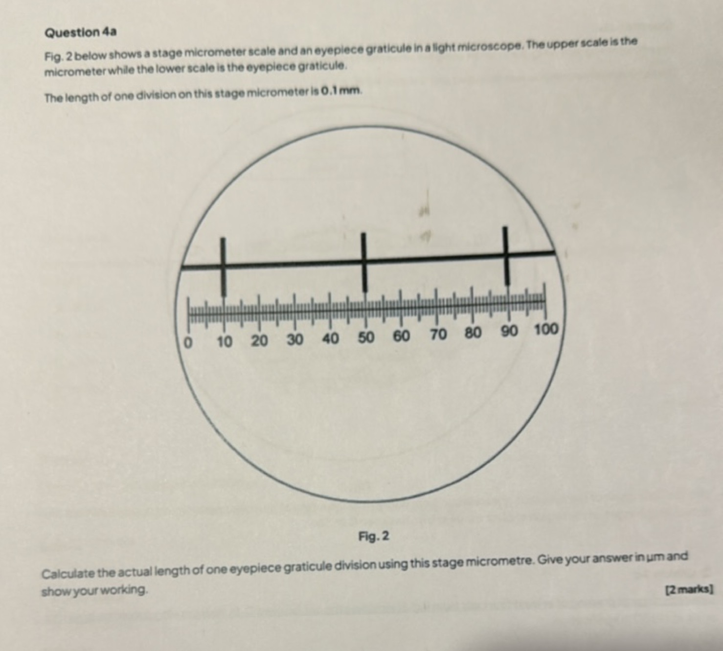 Question 4a
Fig. 2 below shows a stage micrometer scale and an eyeplec