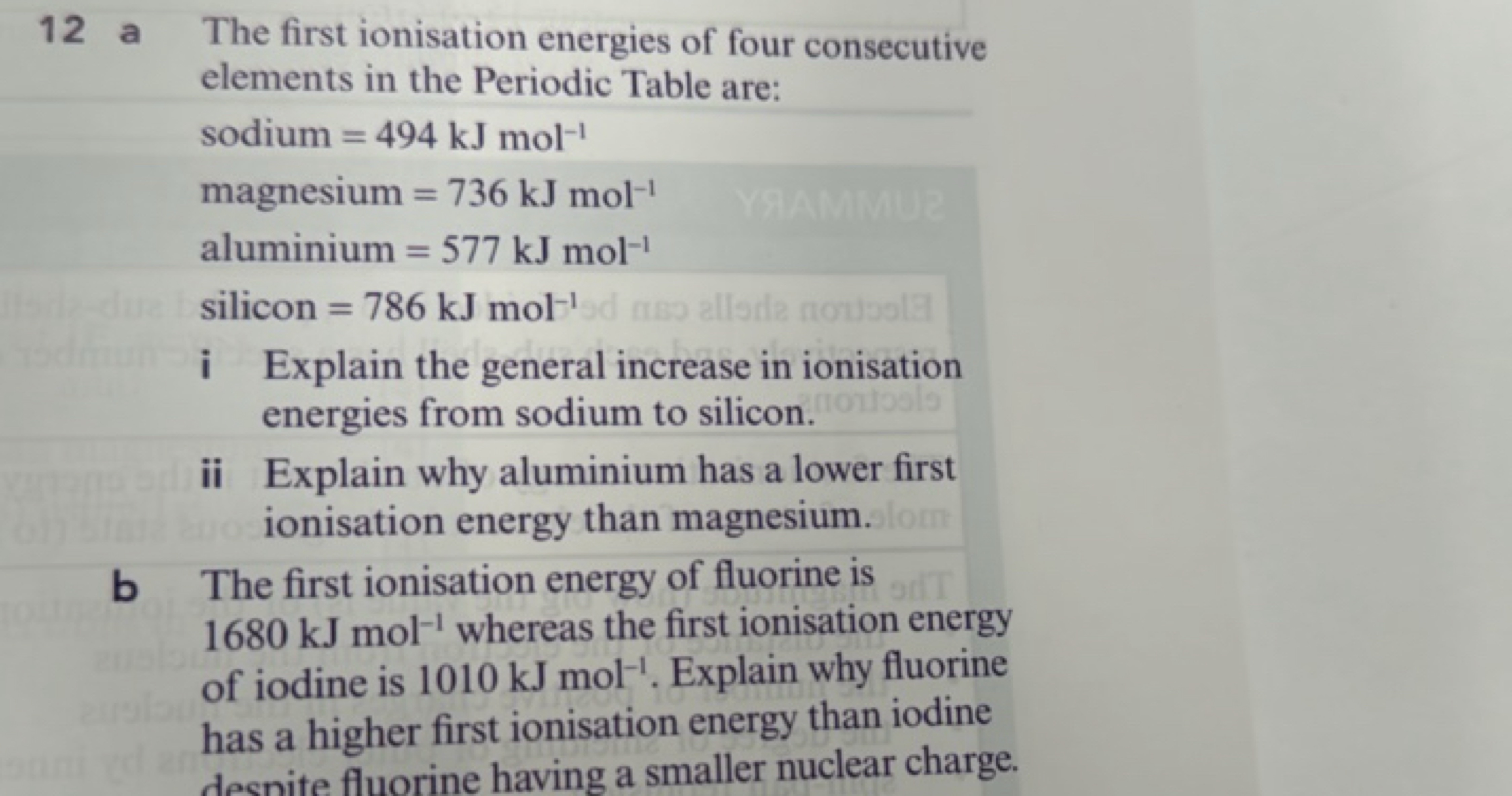 12 a The first ionisation energies of four consecutive elements in the