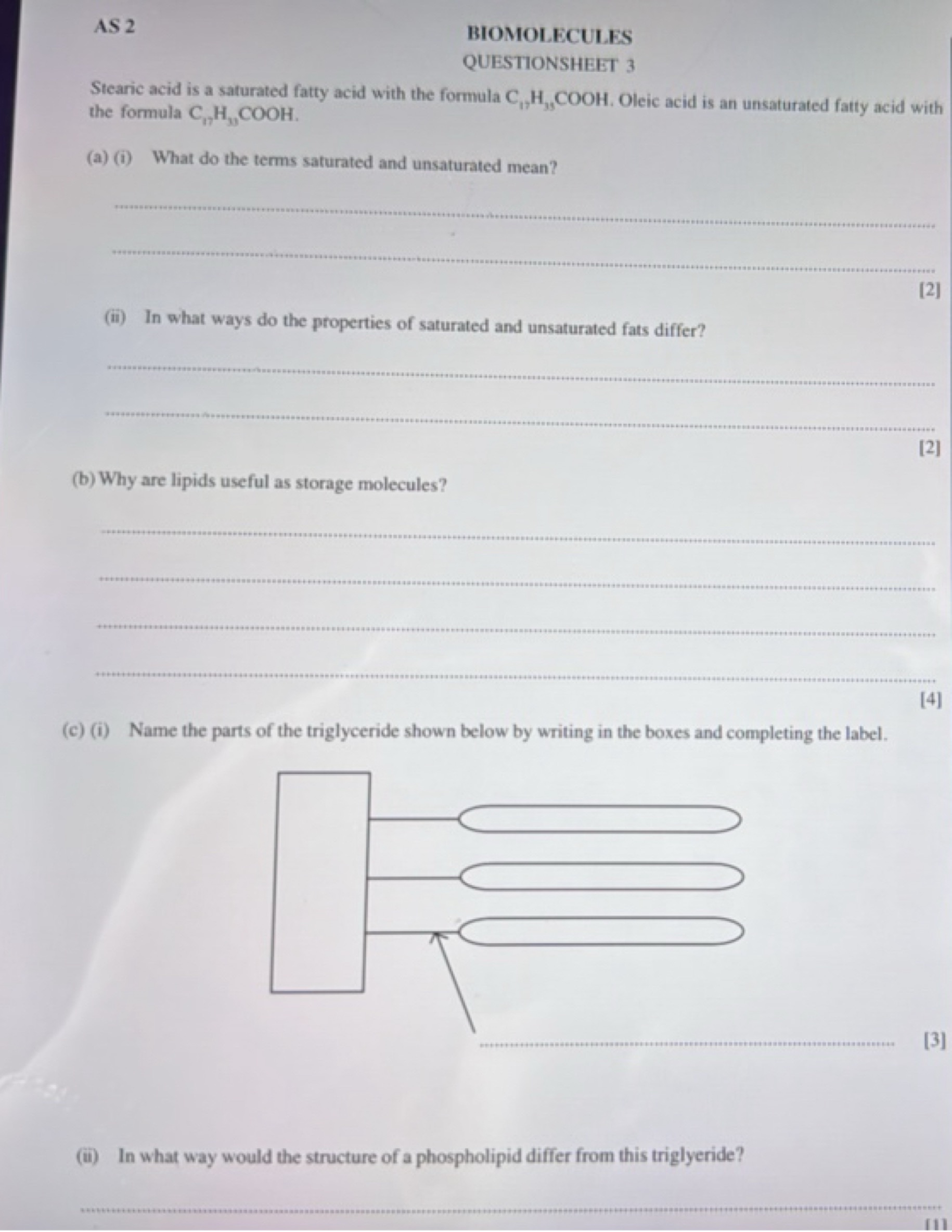 AS 2
BIOMOLECULES
QUESTIONSHEET 3
Stearic acid is a saturated fatty ac