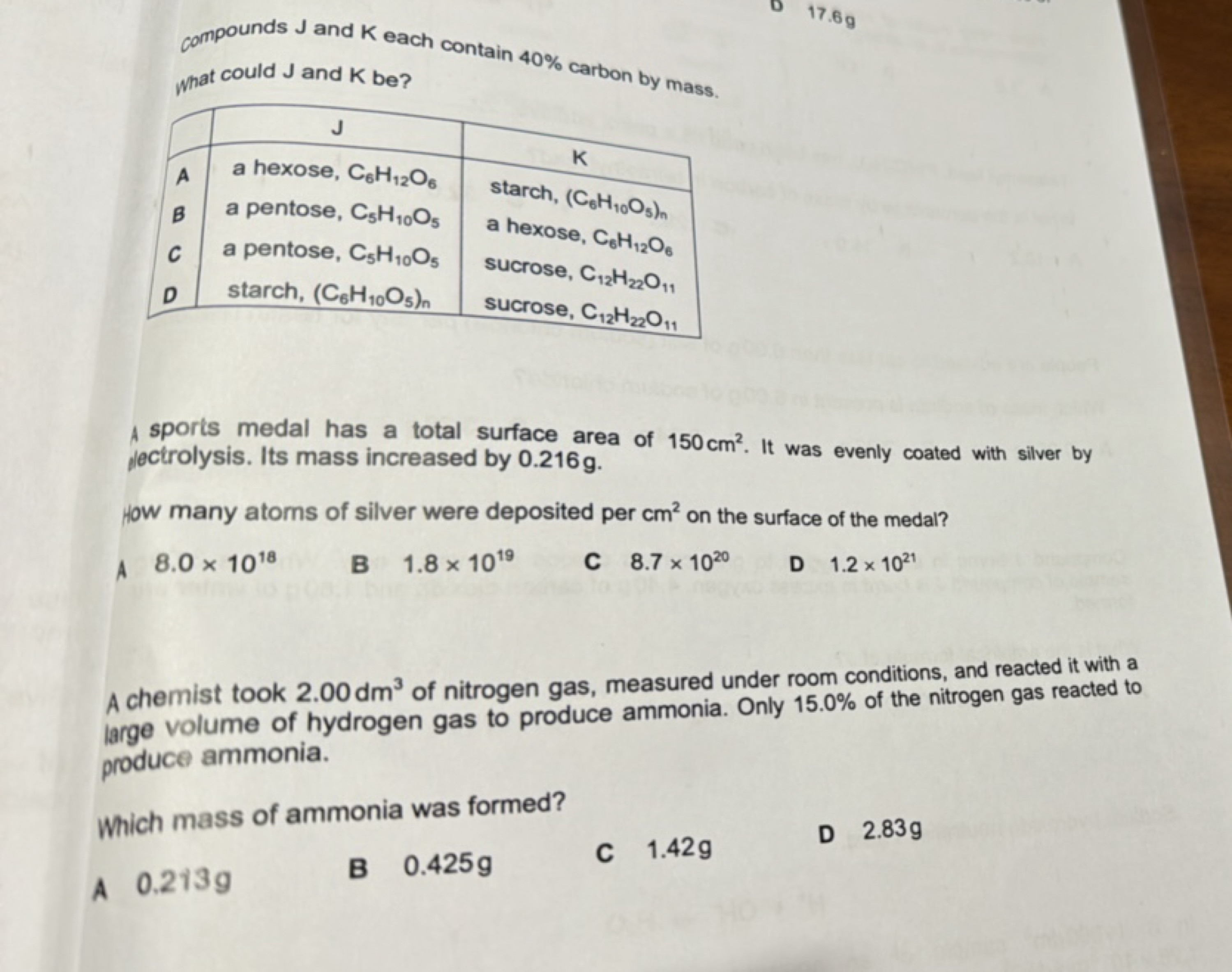 compounds J and K each contain 40% carbon by mass.
what could J and K 