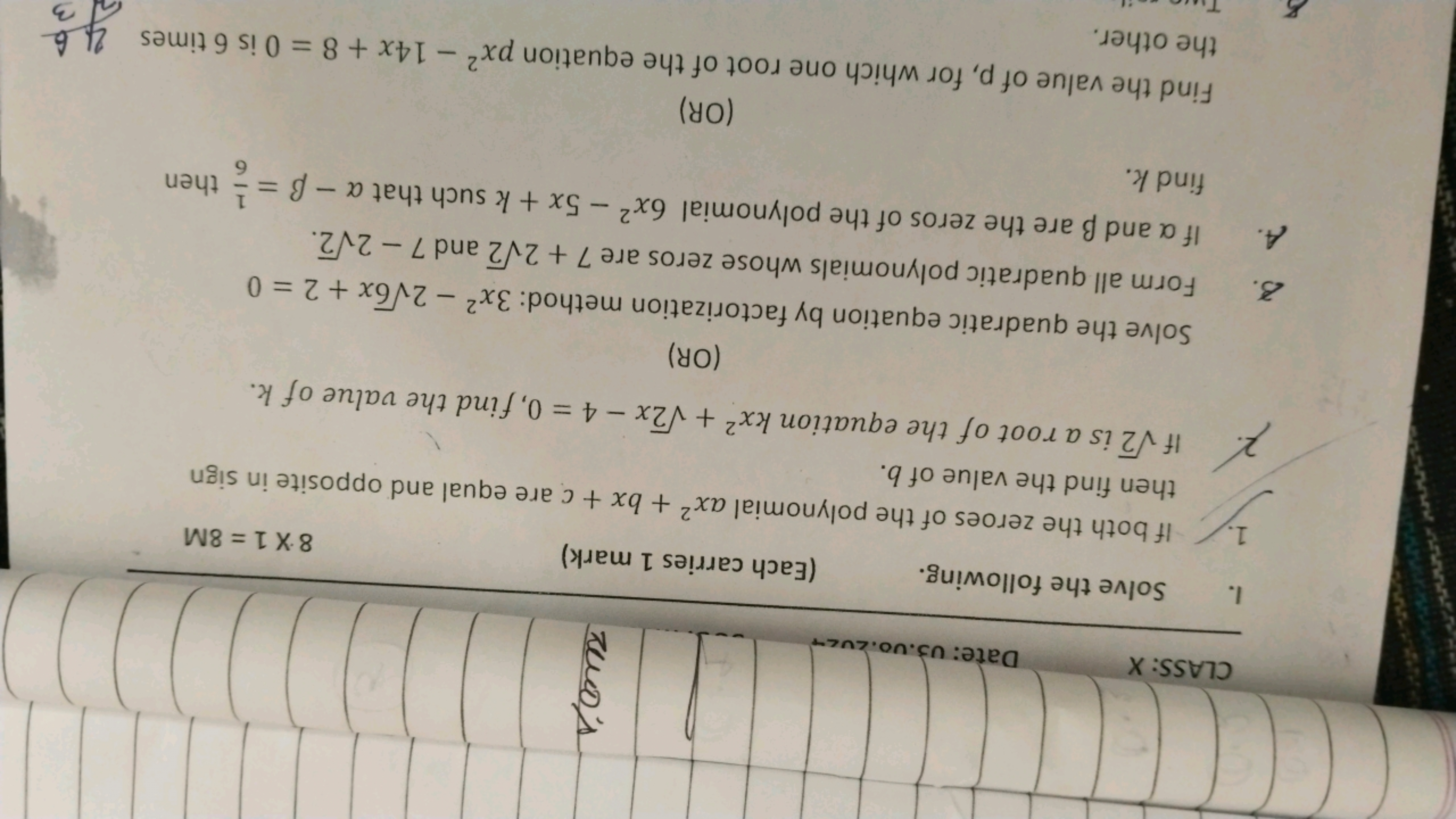 □
I. Solve the following.
(Each carries 1 mark)
8×1=8M
1. If both the 