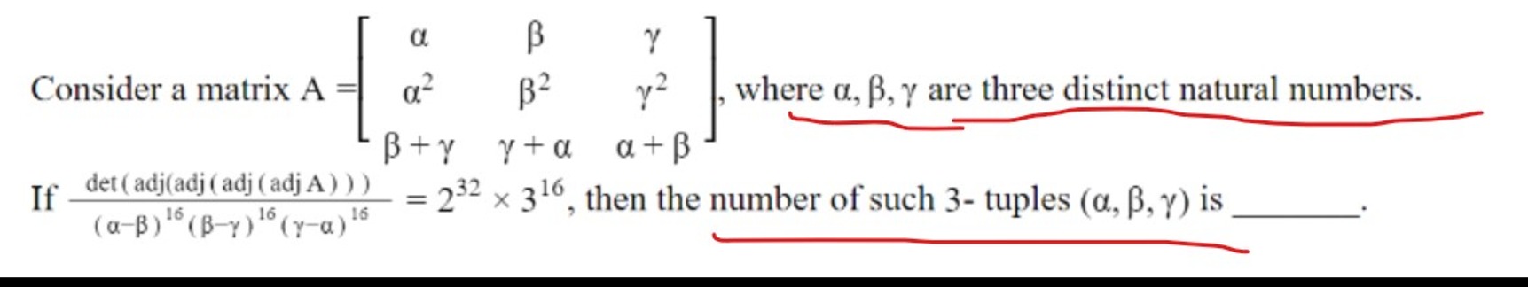 Consider a matrix A=⎣⎡​αα2β+γ​ββ2γ+α​γγ2α+β​⎦⎤​, where α,β,γ are three