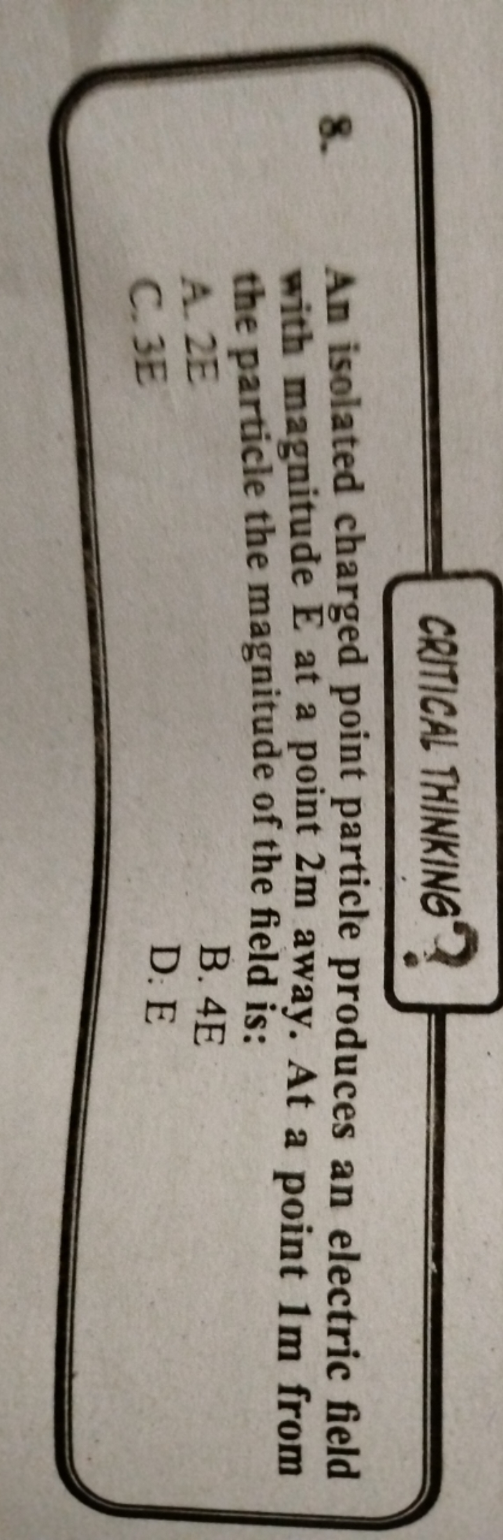 CRIICAL THINKING
8. An isolated charged point particle produces an ele