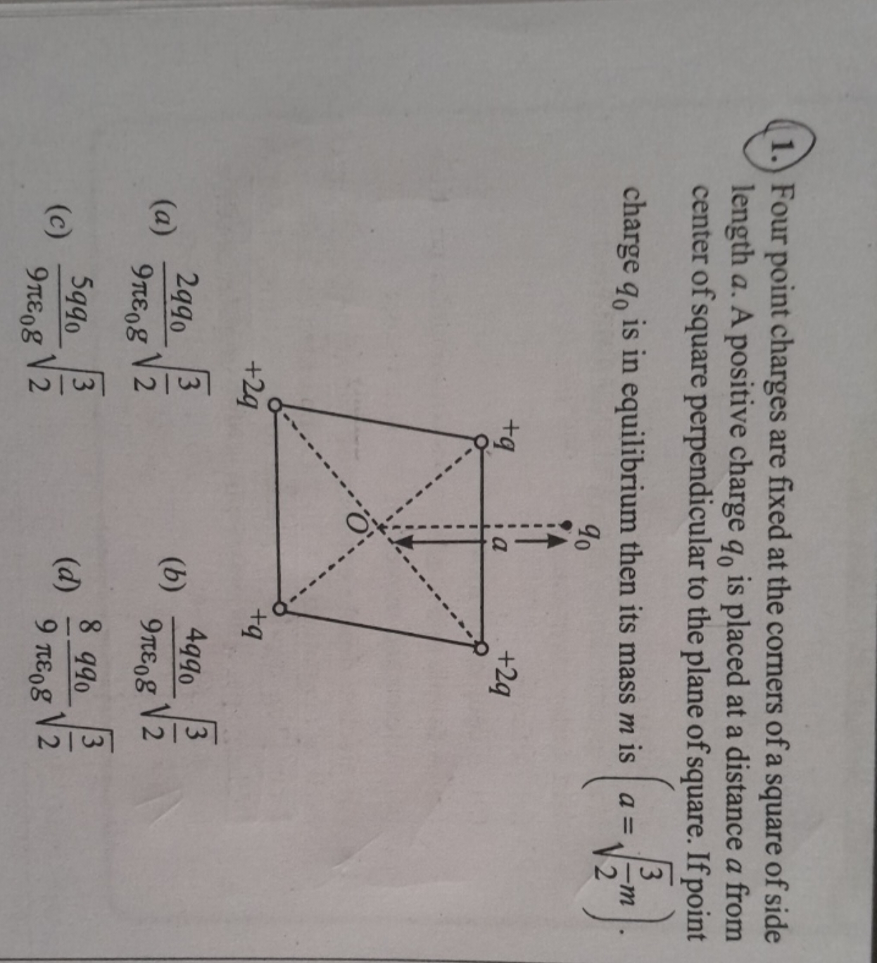 1. Four point charges are fixed at the corners of a square of side len