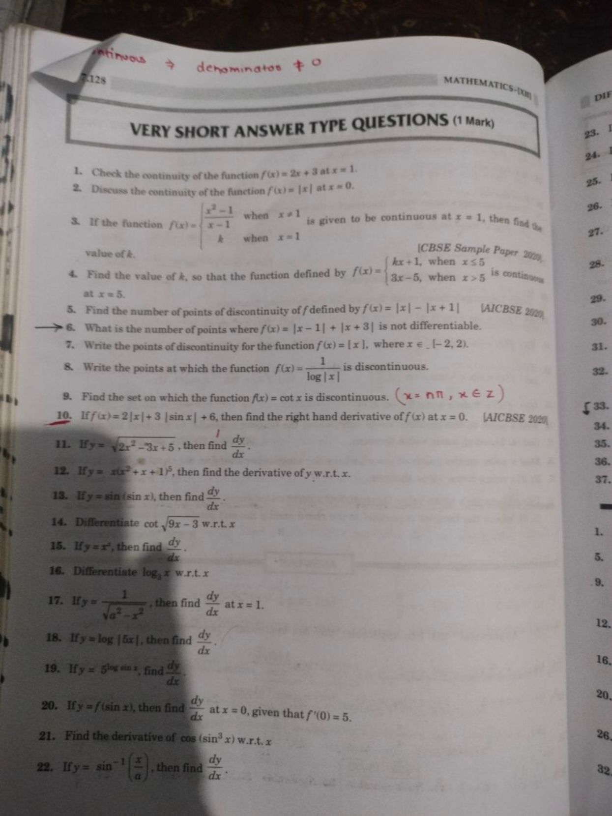 VERY SHORT ANSWER TYPE QUESTIONS (1 Mark)
1. Check the continuity of t