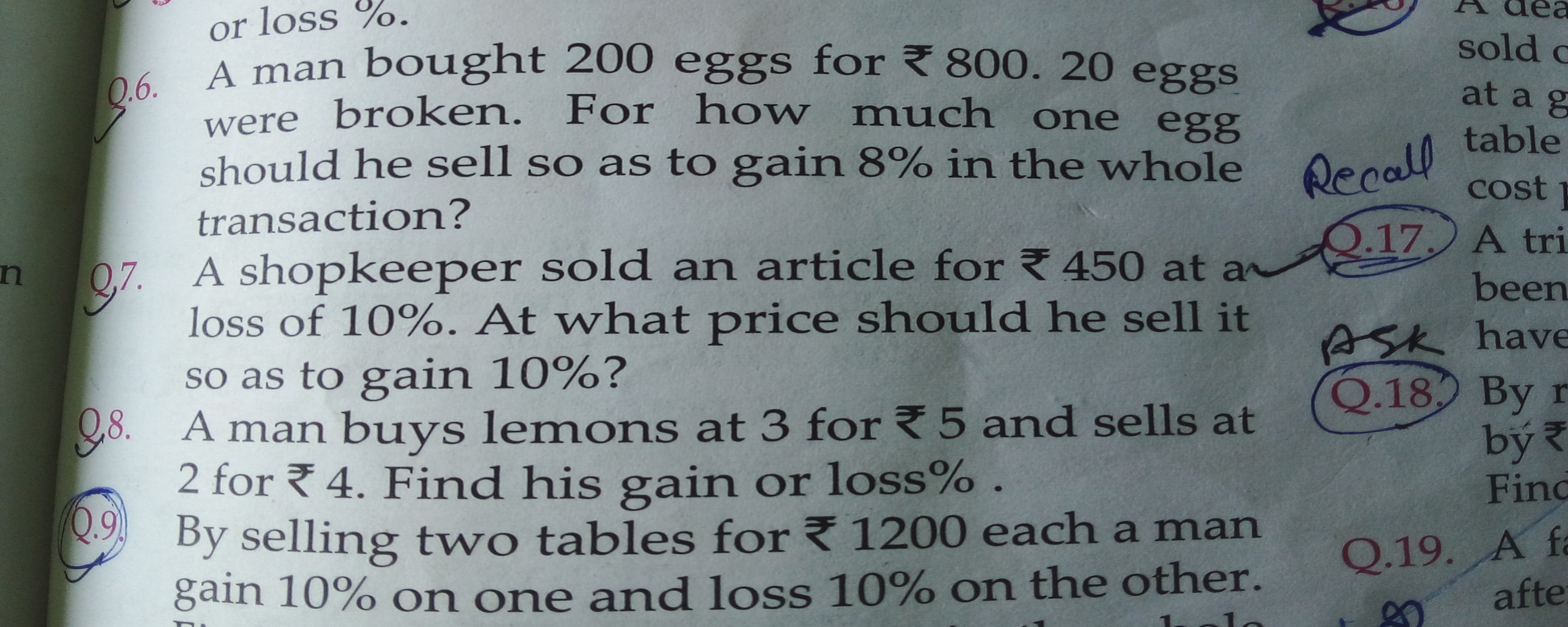 Q.6. A man bought 200 eggs for ₹ 800.20 eggs were broken. For how much
