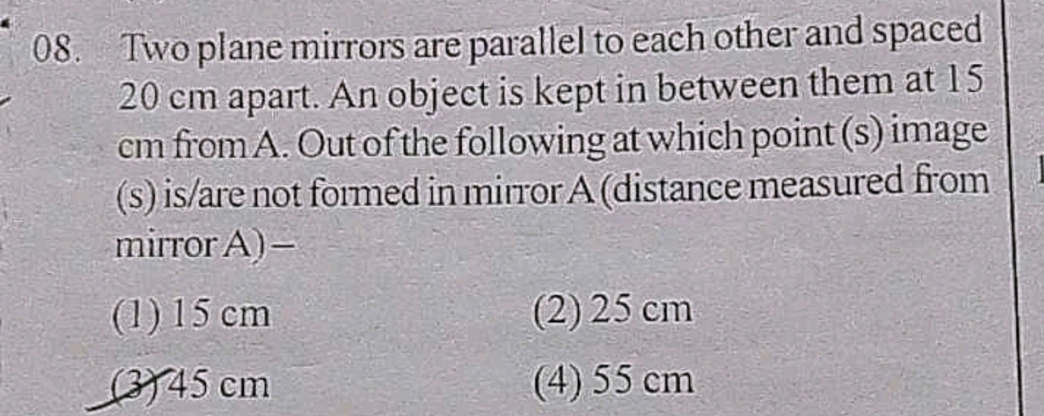 08. Two plane mirrors are parallel to each other and spaced
20 cm apar