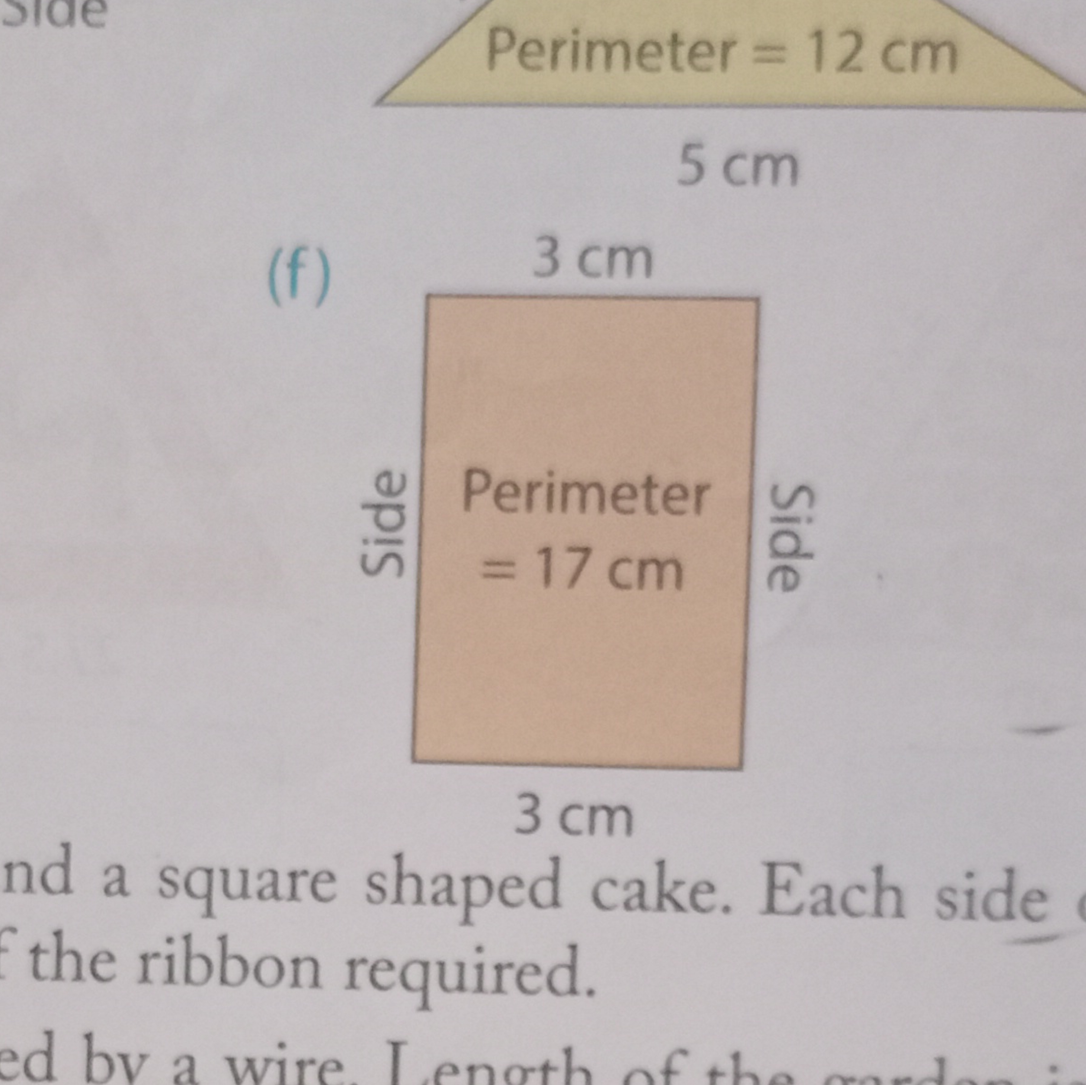 Perimeter =12 cm
5 cm
(f)
nd a square shaped cake. Each side the ribbo