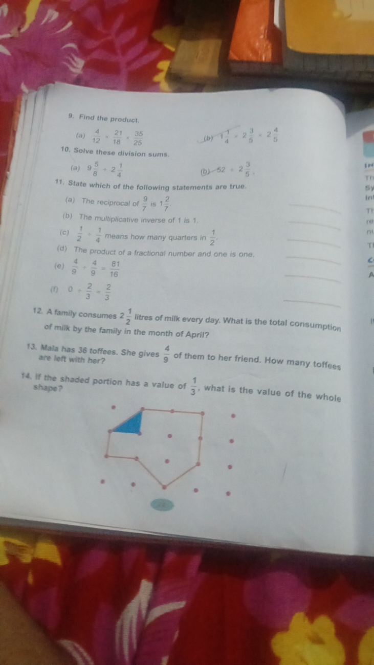 9. Find the product.
(a) 124​×1821​×2535​
(b) 141​×253​×254​
10. Solve