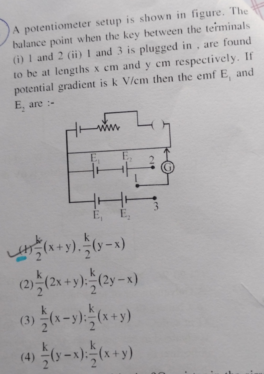 A potentiometer setup is shown in figure. The balance point when the k