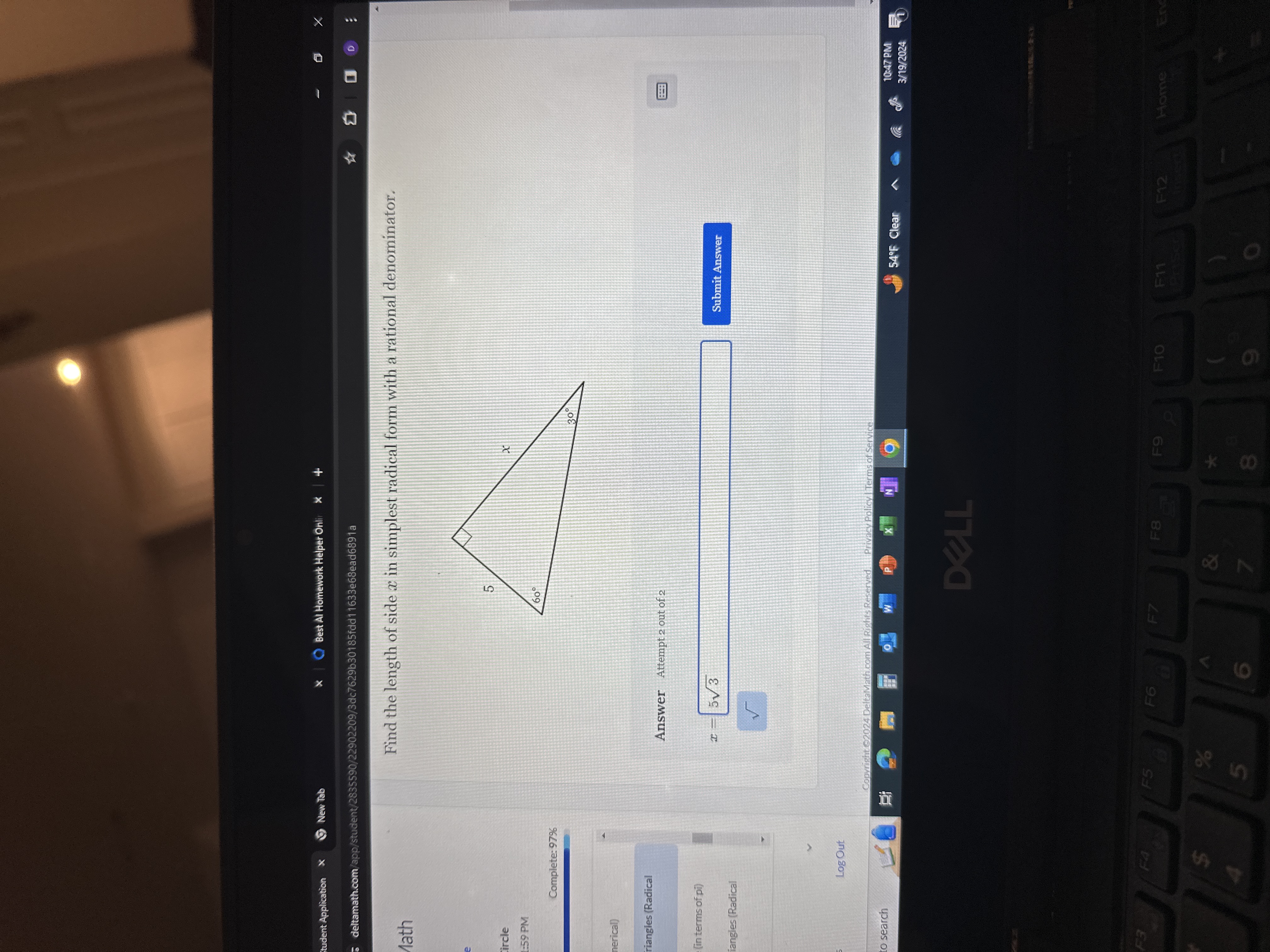 Find the length of side x in simplest radical form with a rational den