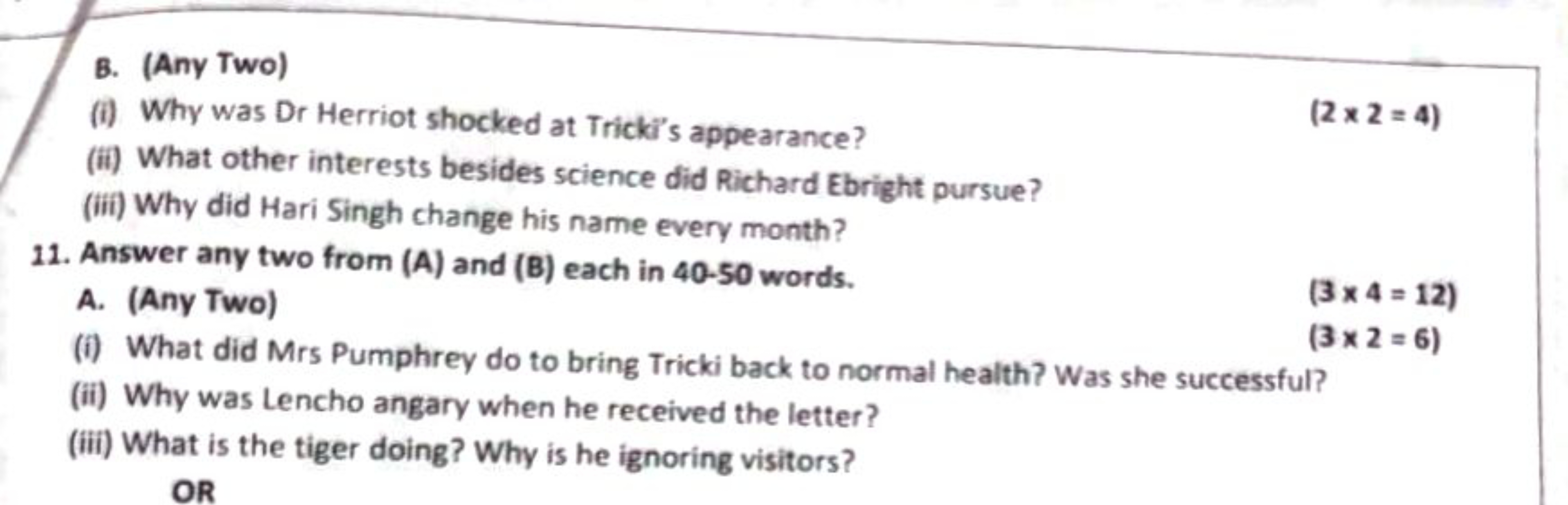 B. (Any Two)
(i) Why was Dr Herriot shocked at Tricki's appearance?
(2