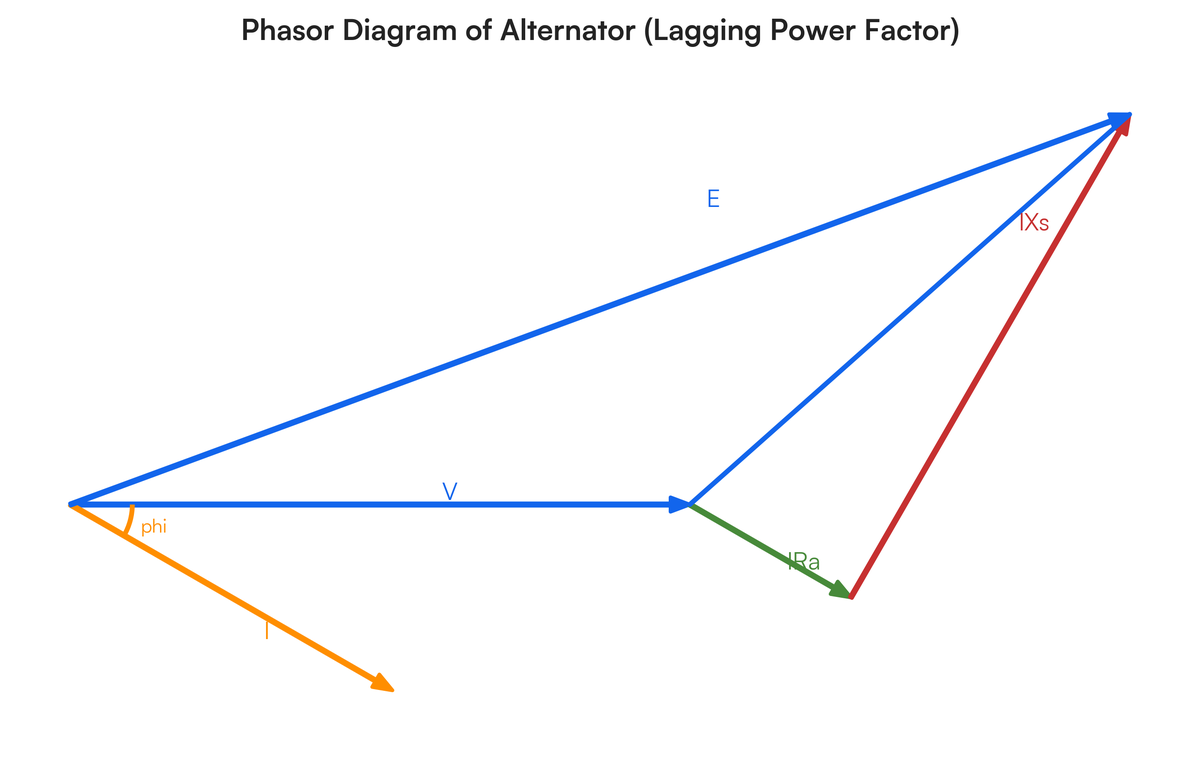 Draw and explain the vector diagrams of loaded alternator for lagging, le..