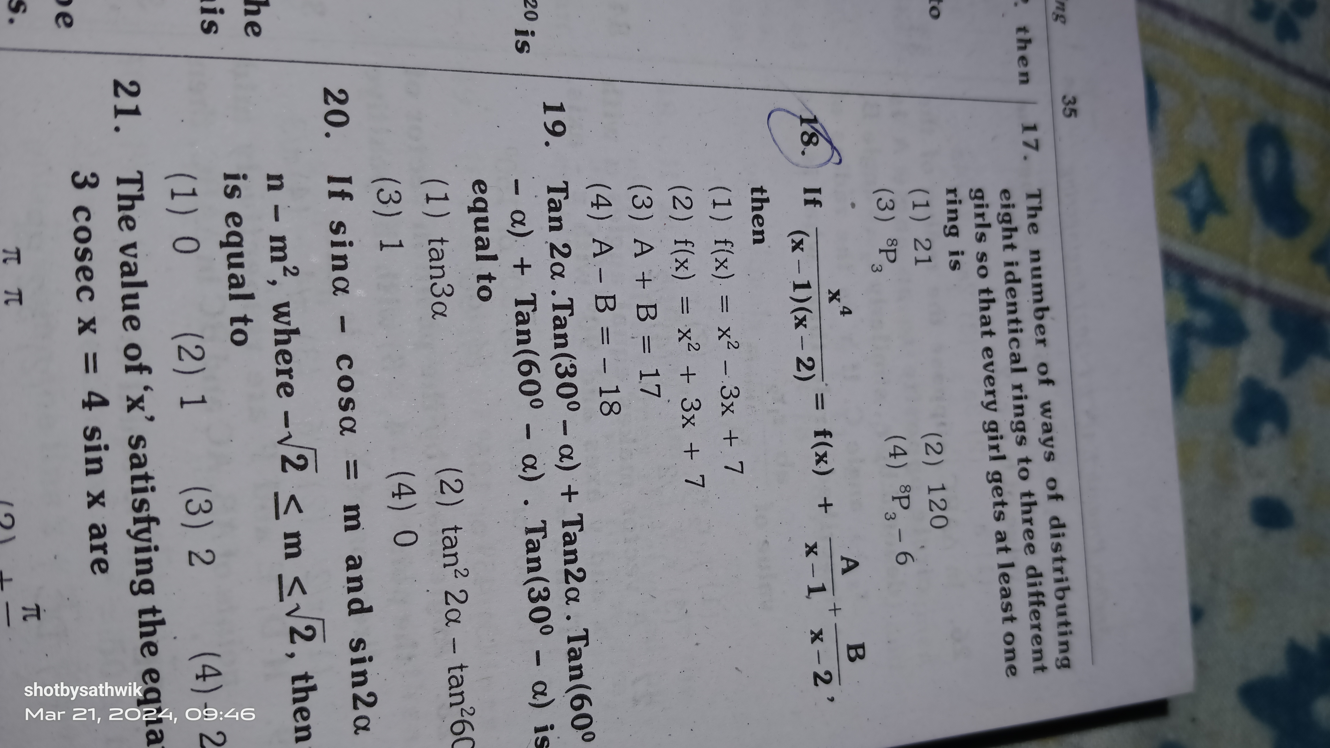 If sinα−cosα=m and sin2α n−m2, where −2​≤m≤2​, then is equal to