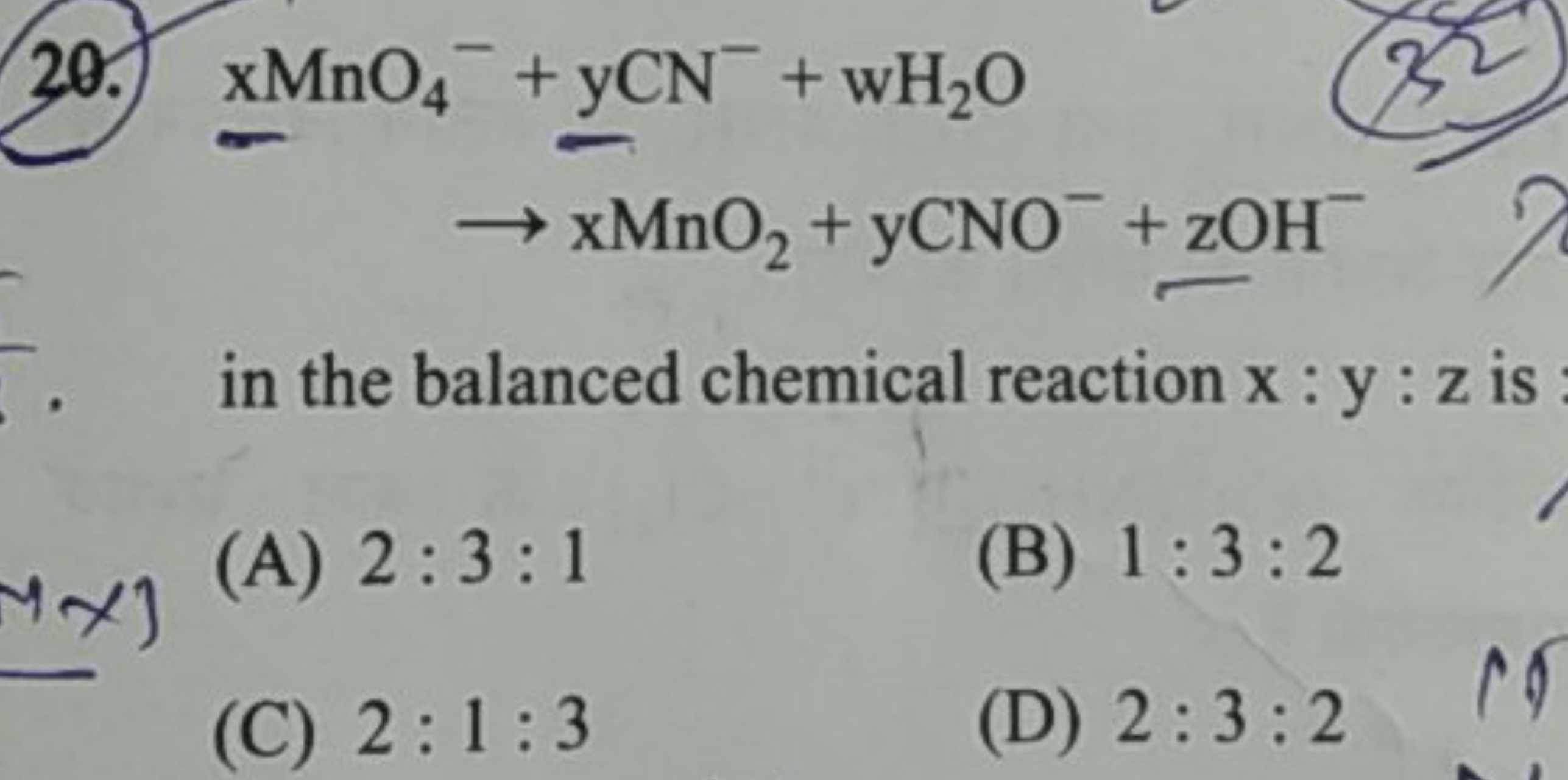 20. xMnO4−​+yCN−+wH2​O
→xMnO2​+yCNO−+zOH−
in the balanced chemical rea