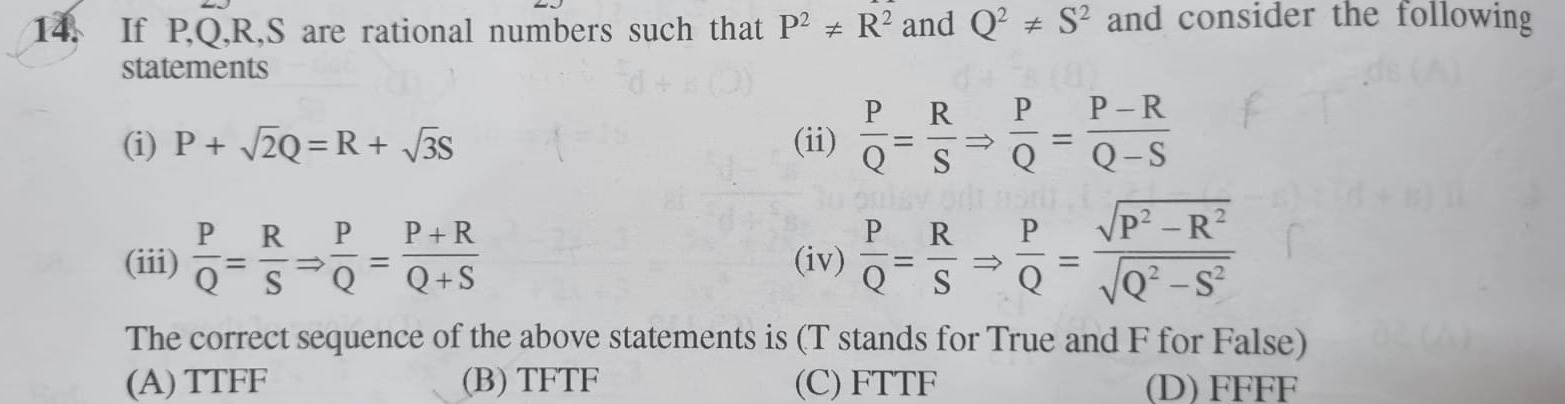 If P,Q,R,S are rational numbers such that P2=R2 and Q2=S2 and consid