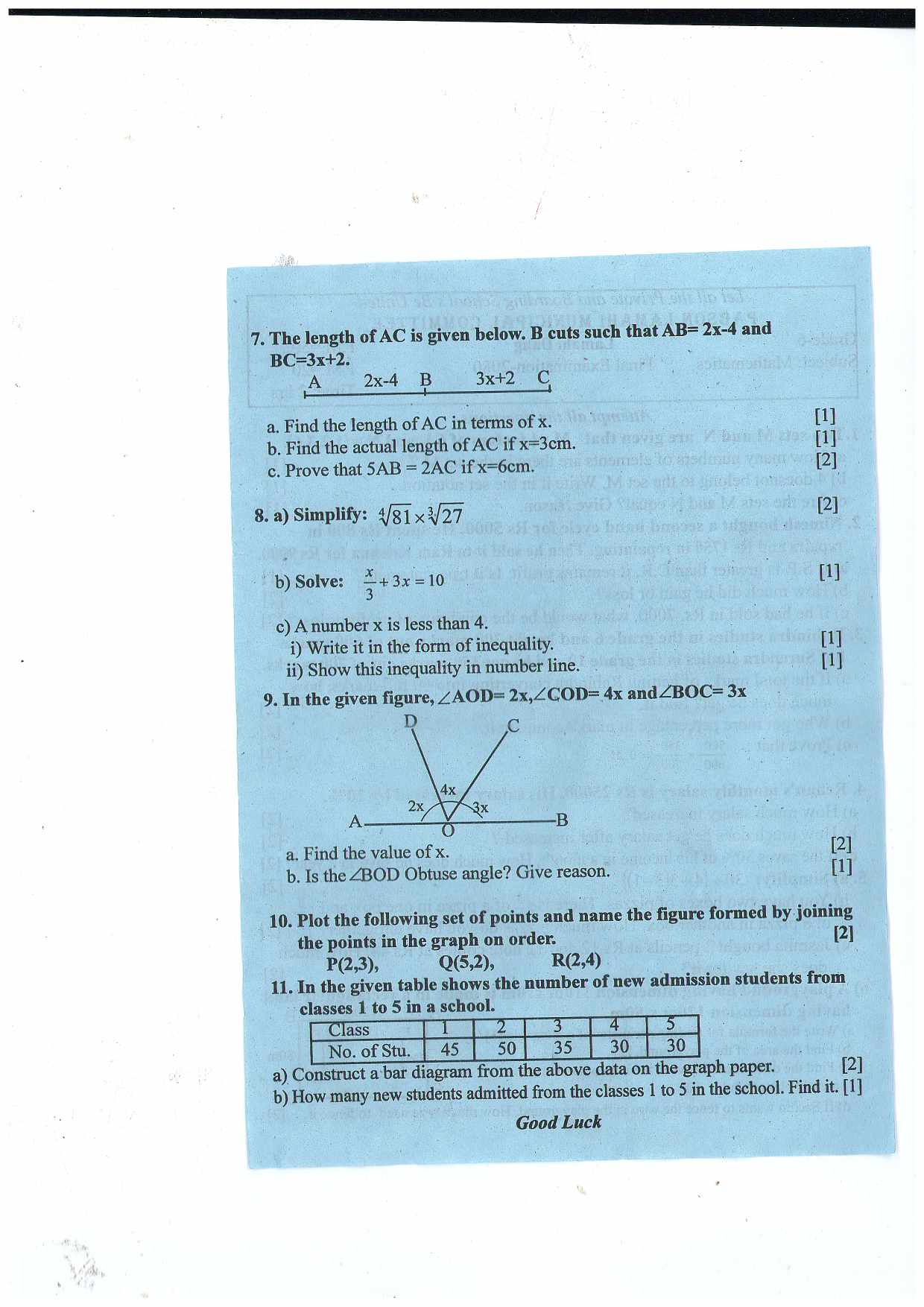 7. The length of AC is given below. B cuts such that AB=2x−4 and BC=3x