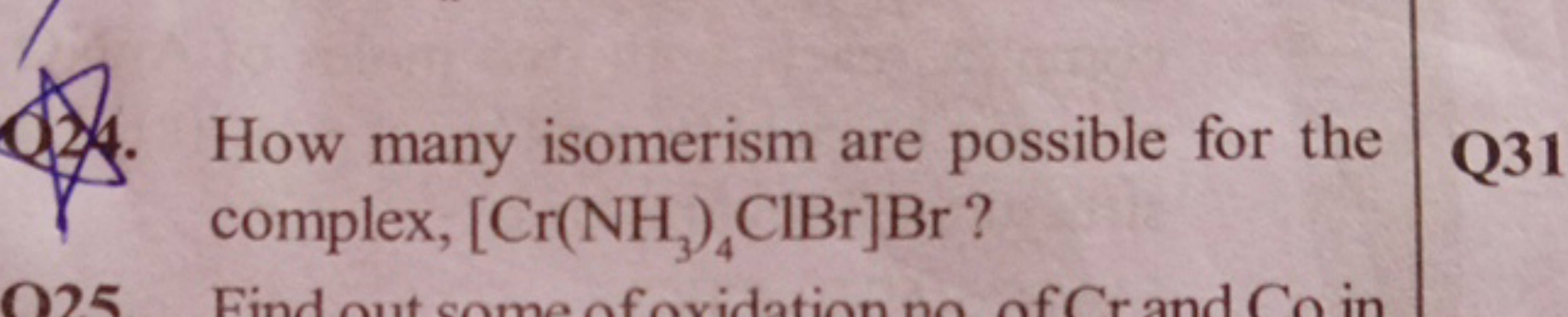 How many isomerism are possible for the complex, [Cr(NH3​)4​ClBr]Br ?