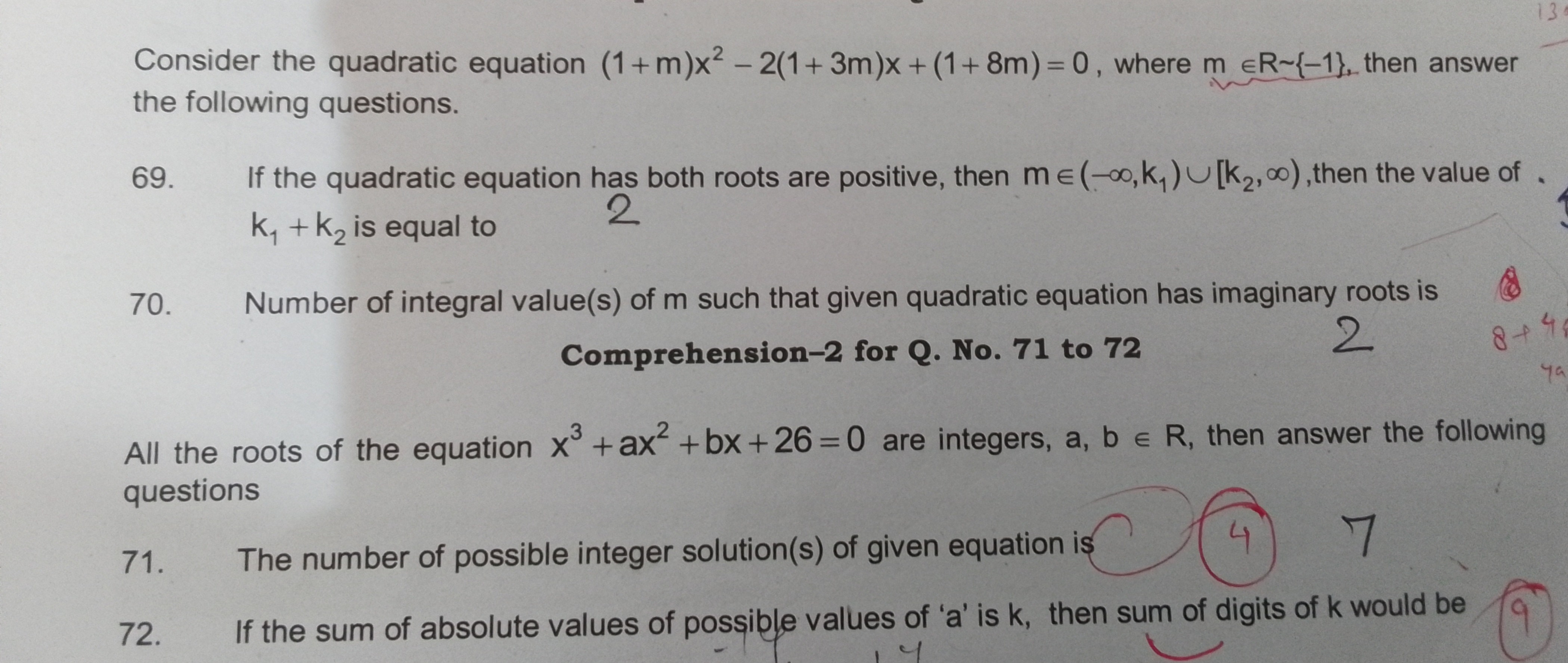 Consider the quadratic equation (1+m)x2−2(1+3m)x+(1+8m)=0, where m∈R∼{