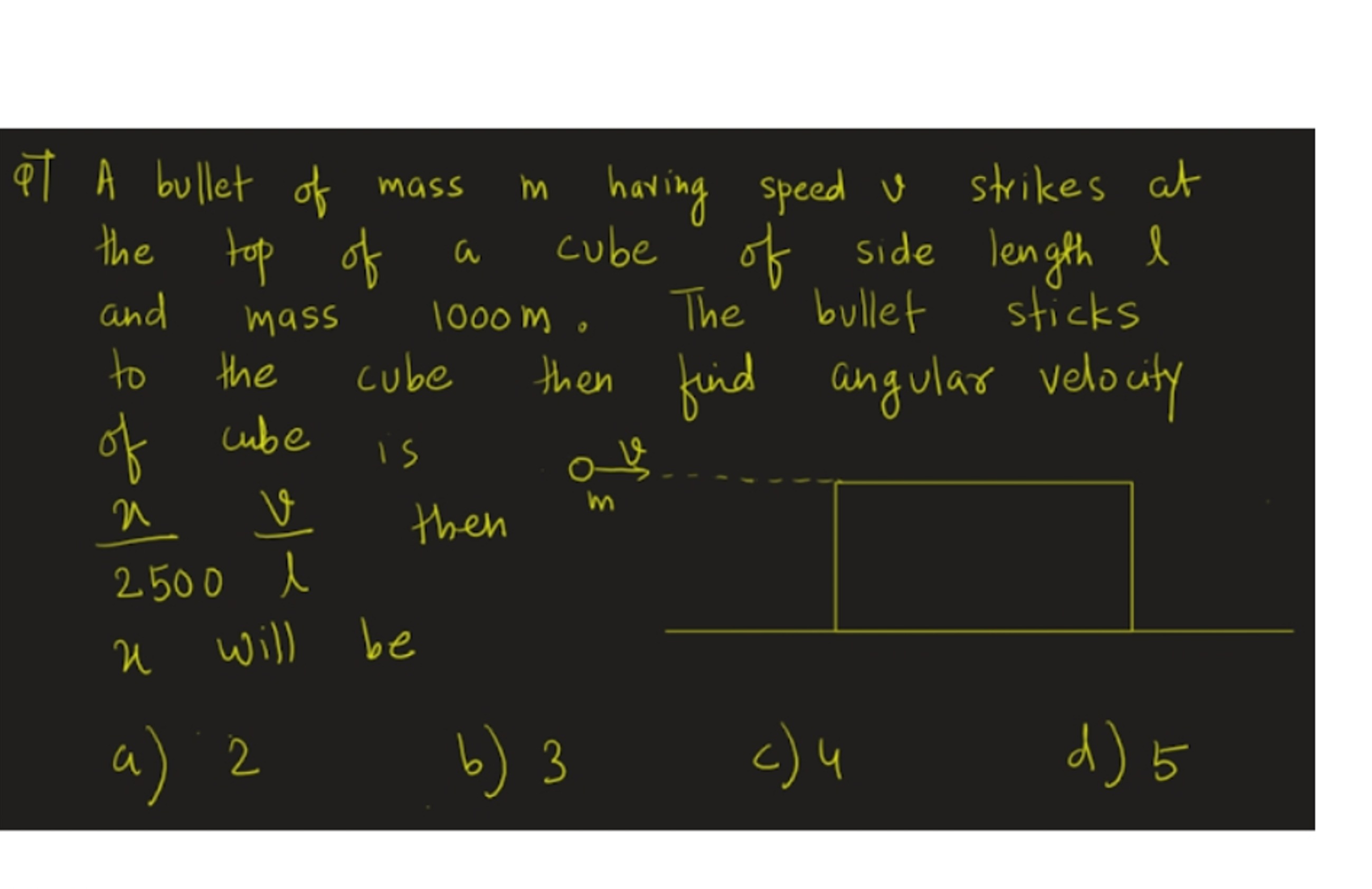 QT A bullet of mass m haring speed v strikes at the top of a cube of s